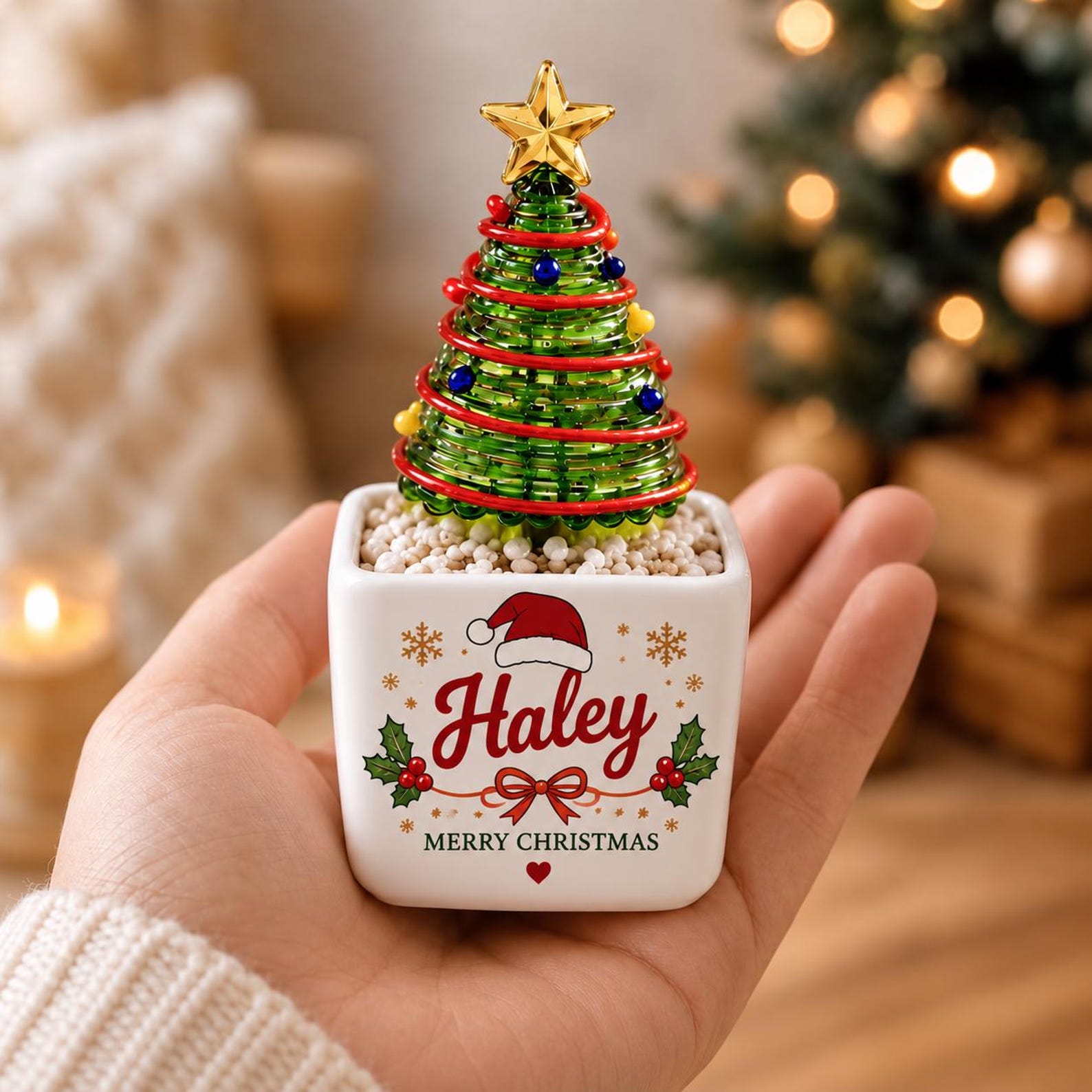 Personalized Glass Christmas Tree, Custom Name Mini Holiday Decor, Christmas Keepsake, Secret Santa Teacher Coworker Gift