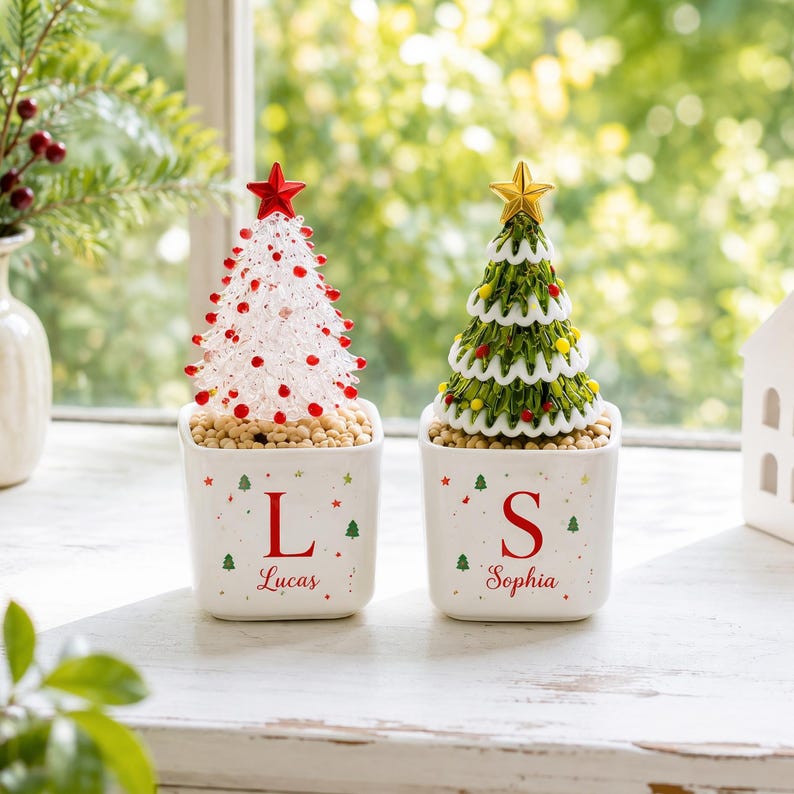 Personalized Glass Christmas Tree, Custom Name Mini Holiday Decor, Christmas Keepsake, Secret Santa Teacher Coworker Gift