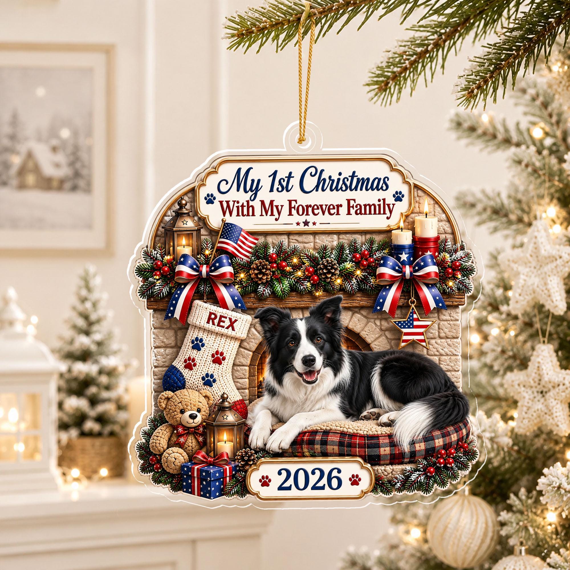 Personalized Pet Photo Ornament, Dog's My First Christmas With My Forever Family, Custom Dog Adoption Gift, Rescue Pet Keepsake, 2D Flat