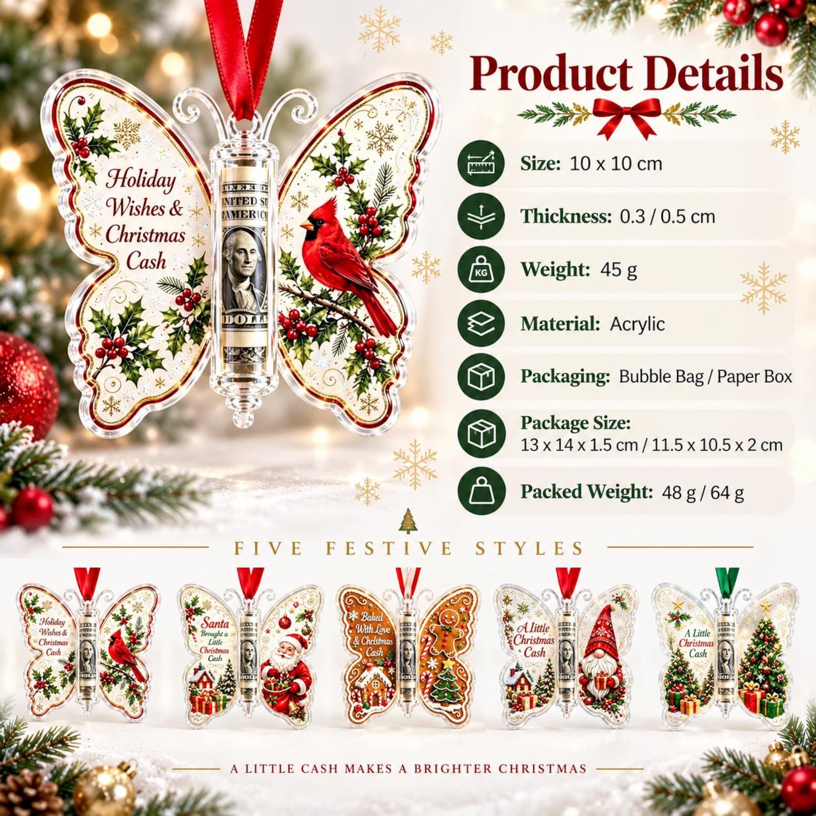Personalized Butterfly Christmas Cash Holder Ornament, Acrylic Money Gift Holder, Xmas Tree Hanging Decoration, Unique Holiday Gift
