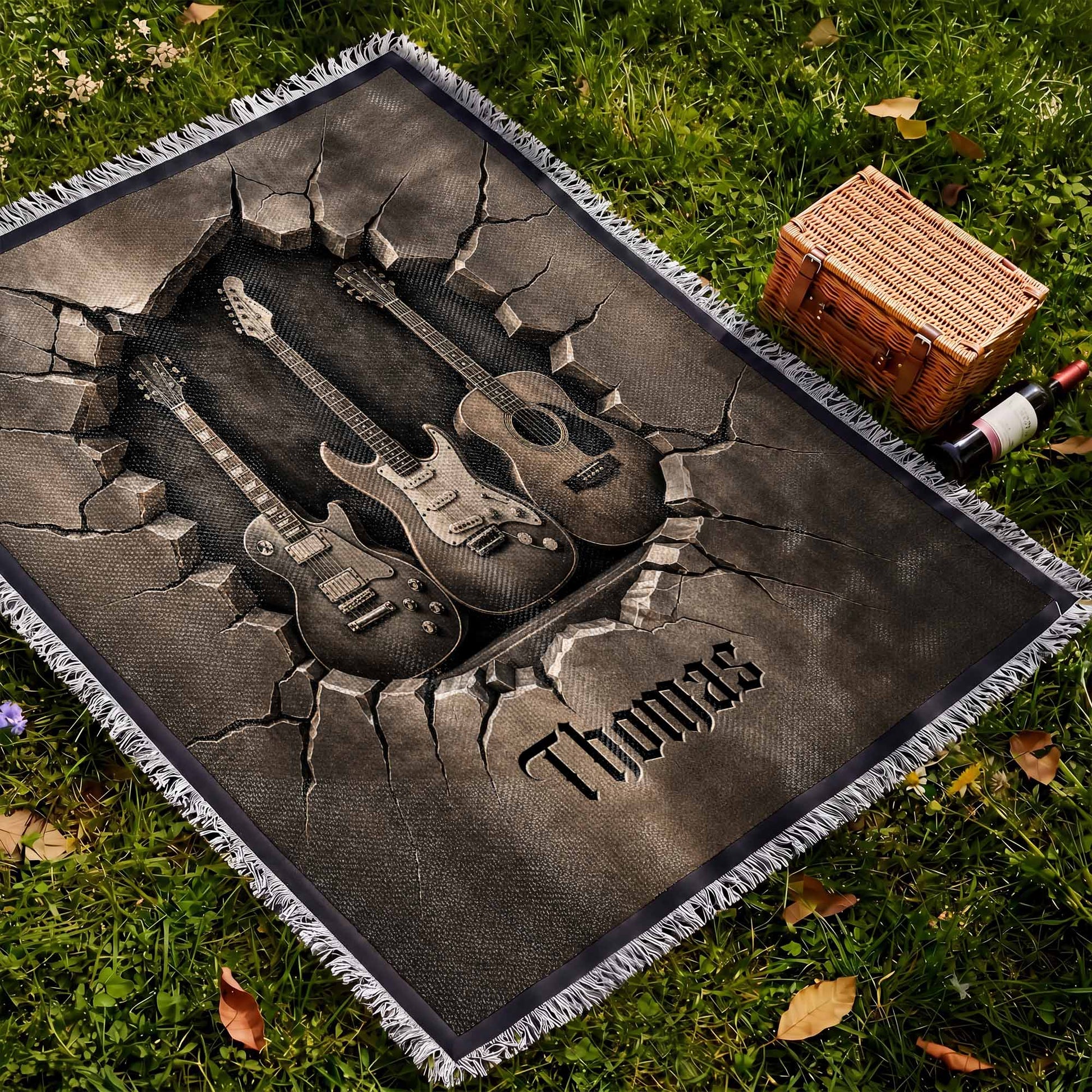 Personalized 3D Guitar Cracked Wall Personalized Woven Blanket, Gift for Musicians