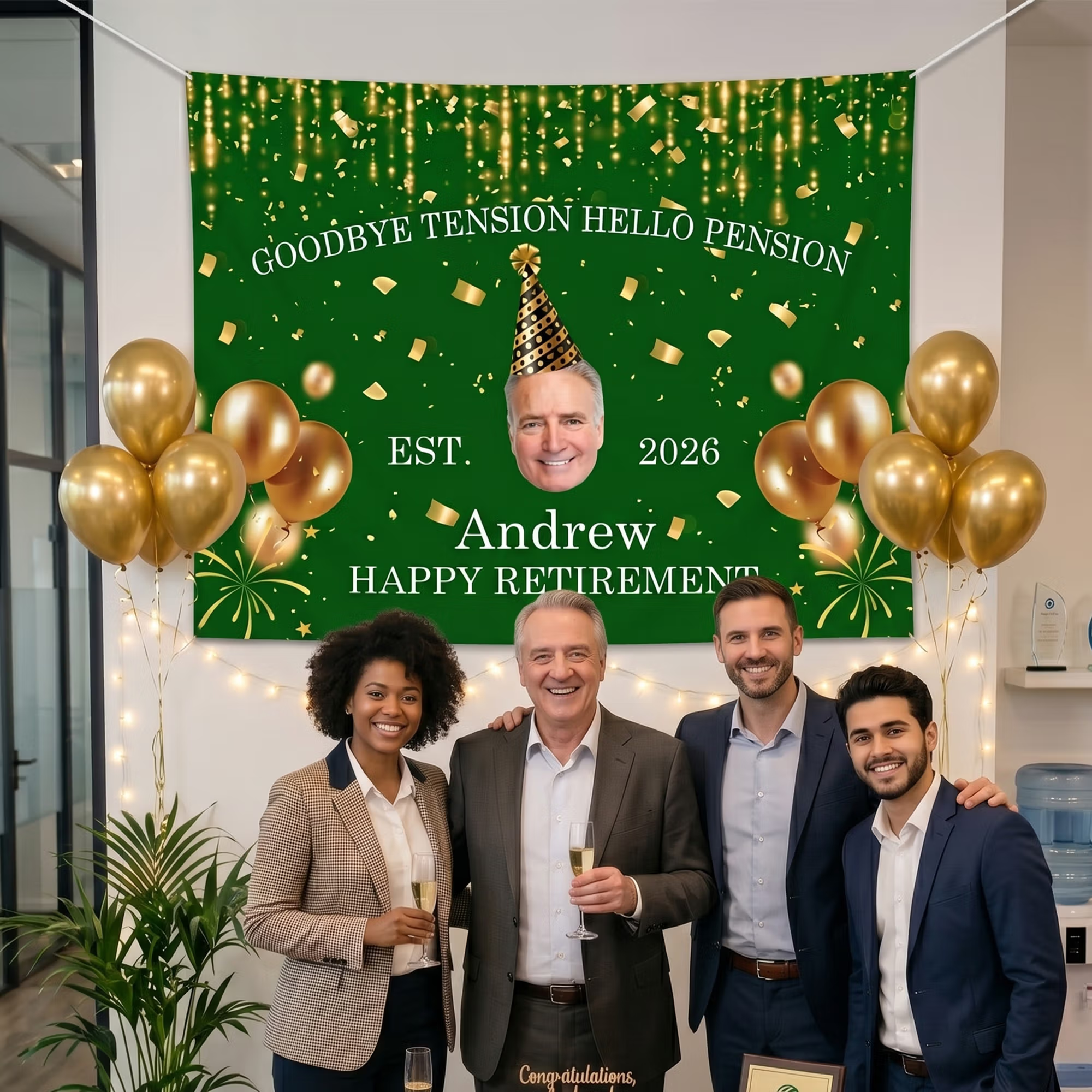 Personalized Happy Retirement Party Hat Photo Balloons Banner with Name and Year Party Backdrop Decor Retirement Gift for Retiree Coworker Family