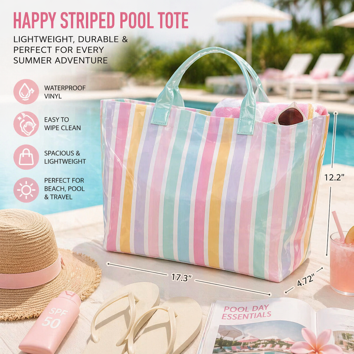 Personalized Girls Beach Traveling Waterproof Striped Tote Bag Custom PVC Pool Bag Bridesmaid Gift Future Bride Tote Reusable Shopper Bag