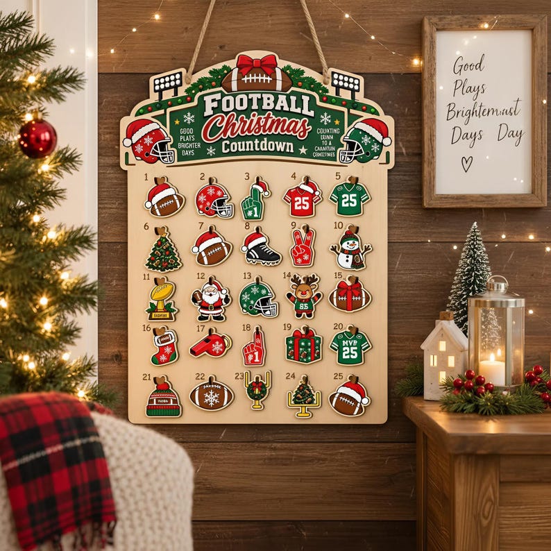 Wooden Football Christmas Advent Calendar, 25-Day Hanging Ornament Countdown