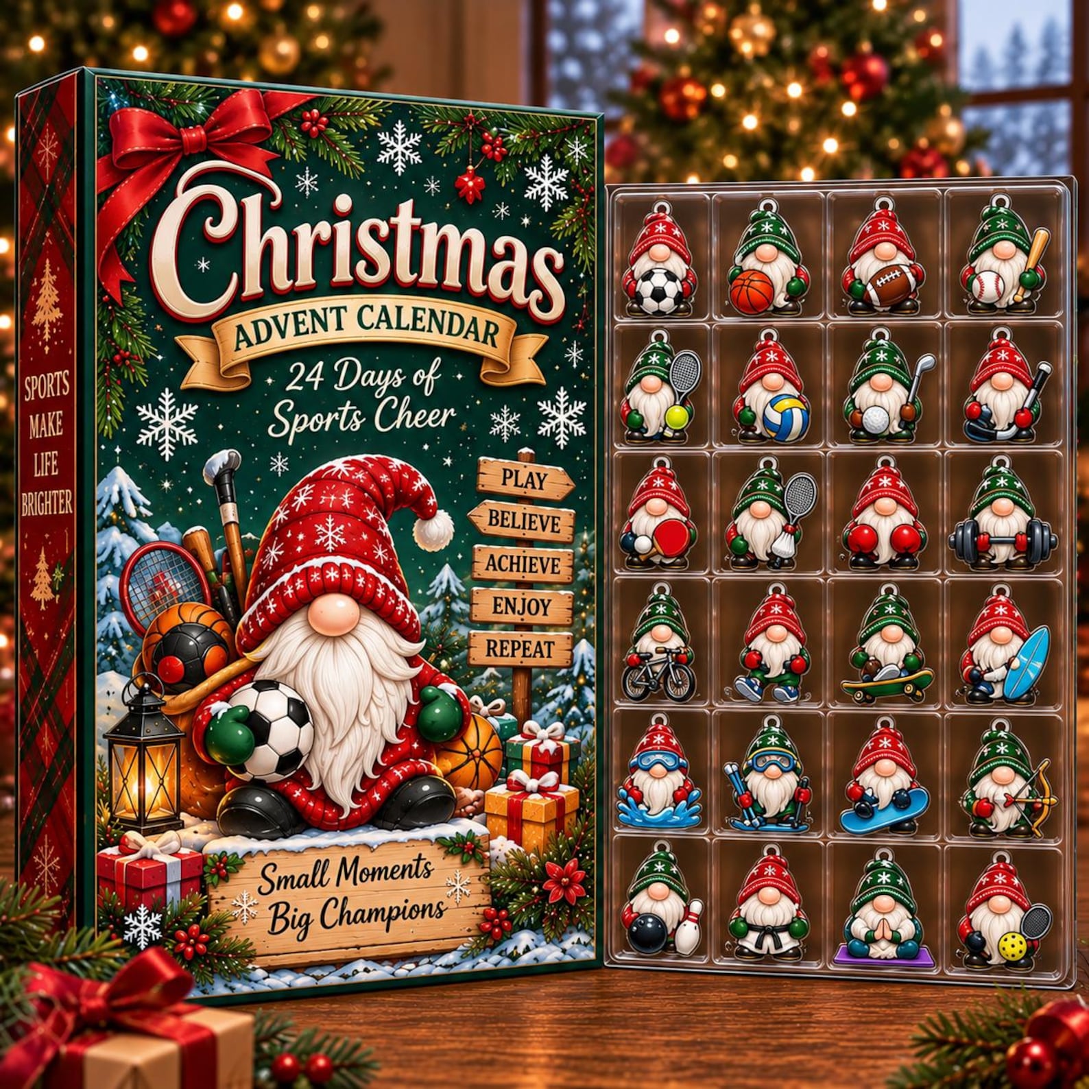 Sports Gnome Advent Calendar, 24-Day Holiday Charm Box, Mini Ornaments