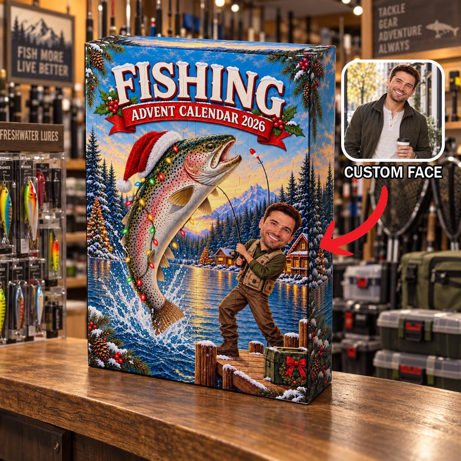Personalized Fishing Advent Calendar: Custom Face Photo Christmas Countdown Charms Blind Box
