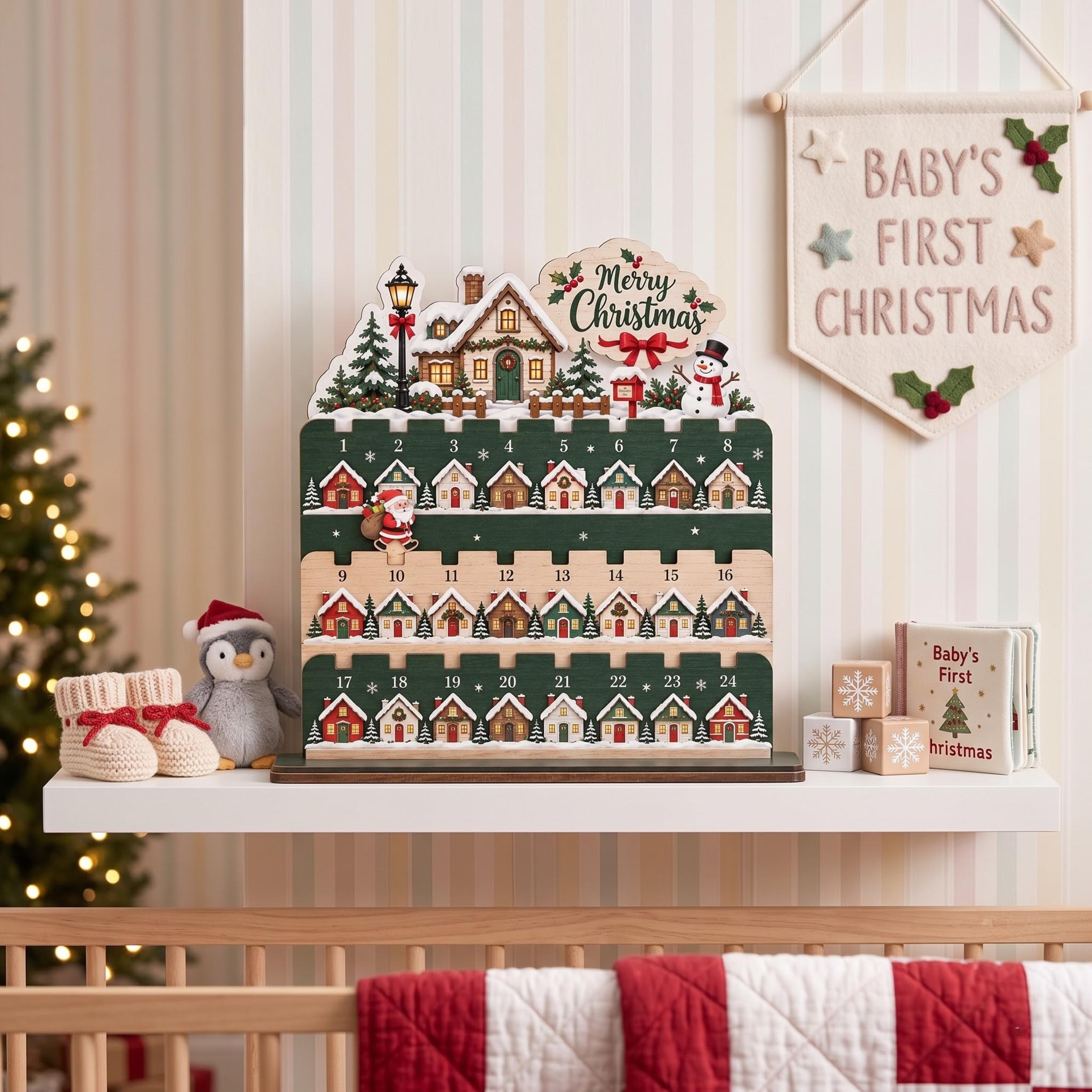 Christmas Countdown Calendar Wooden Stand, 24-Day Advent, Santa Village Decor