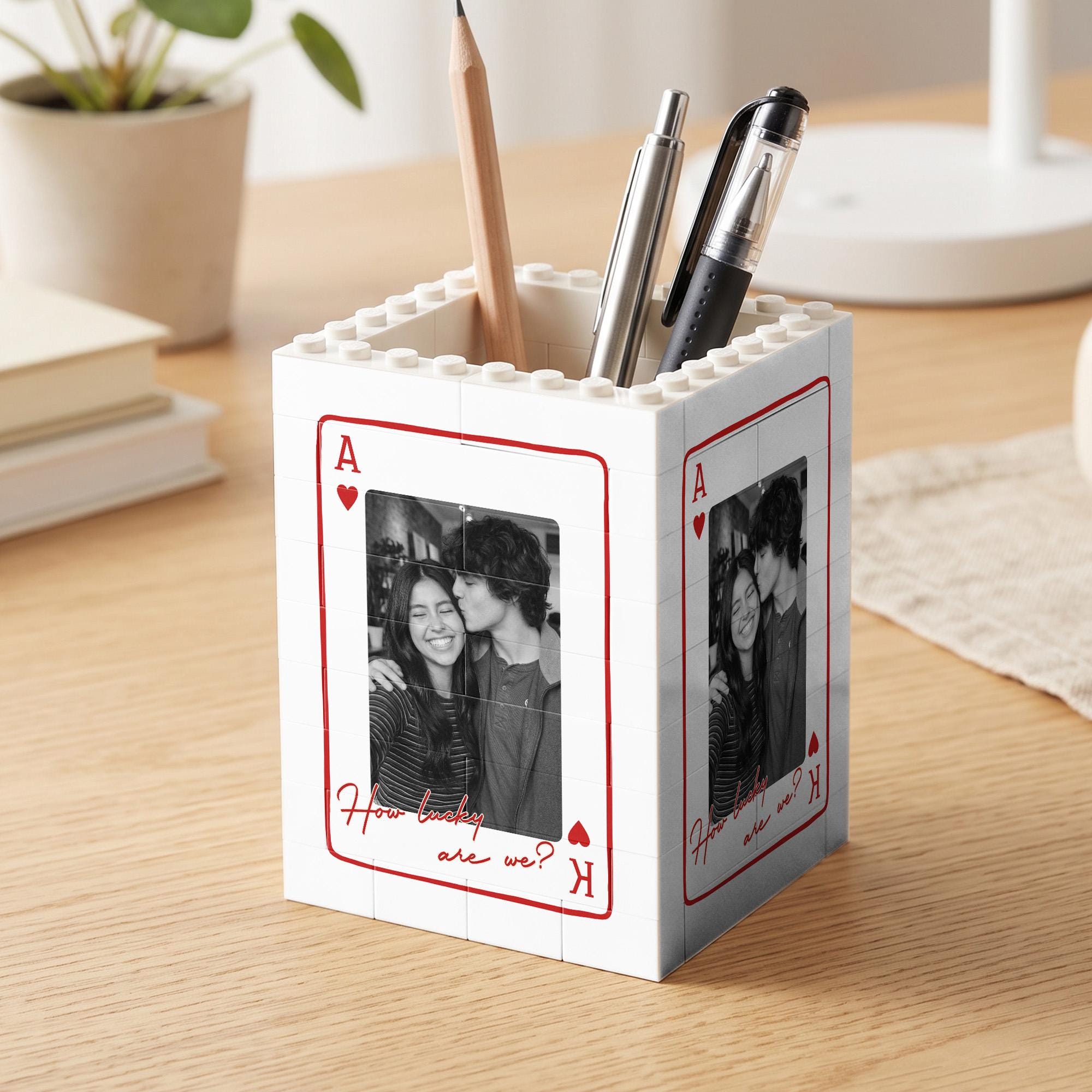 Personalized Couple Playing Card Block Pen Holder, 1 St Anniversary Gift For Husband, Personalized Desk Organizer For Wife, Birthday Gift For Him
