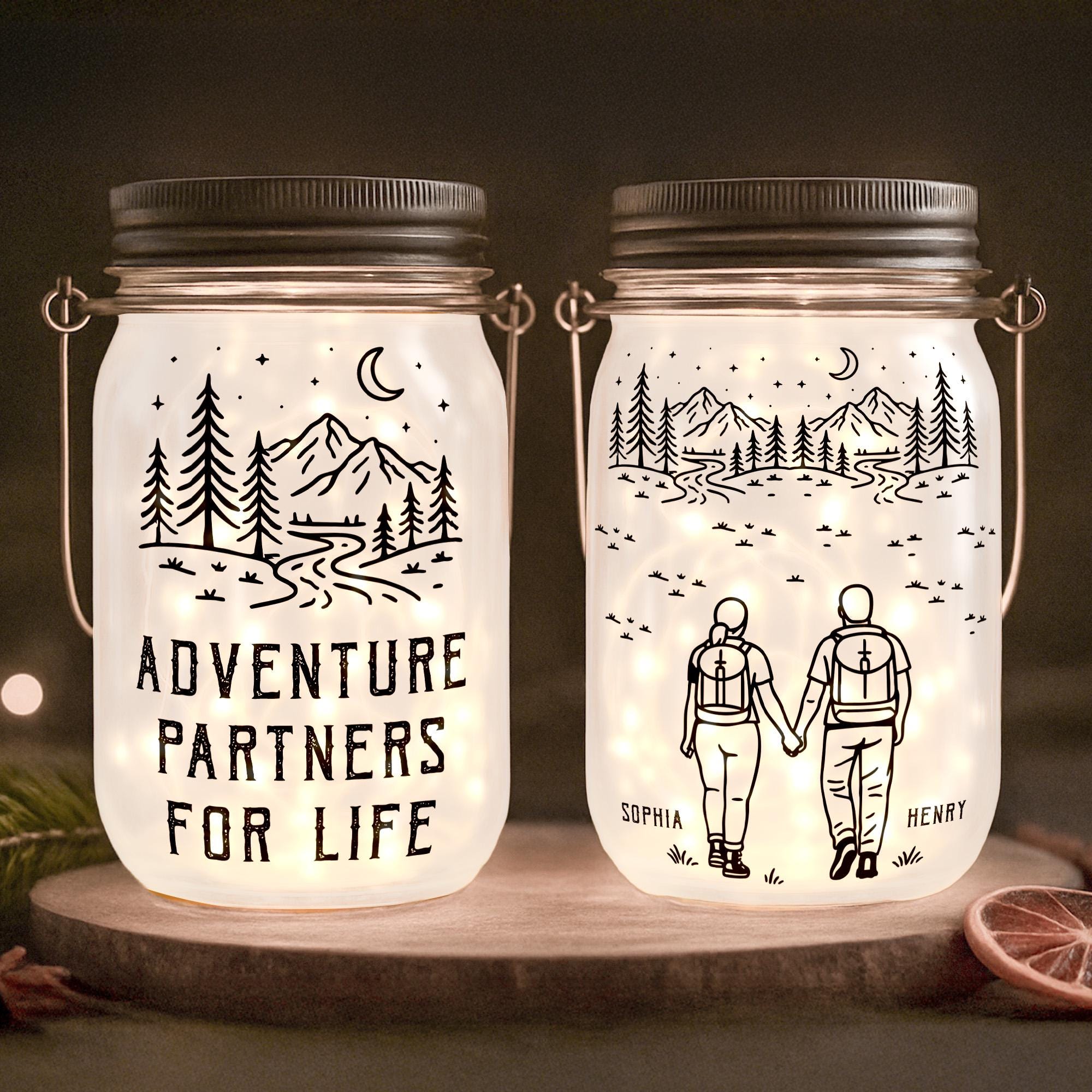 Personalized Adventure Partners For Life Solar Mason Jar Light, Custom Camping Couple Night Light Jar, Hiking Couple Keepsake, Couple Gift