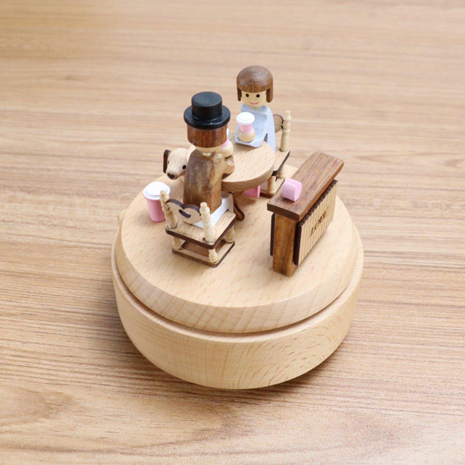 Personalized Wooden Music Box Afternoon Latte Rotating "Love Story" Couple Anniversary Gift