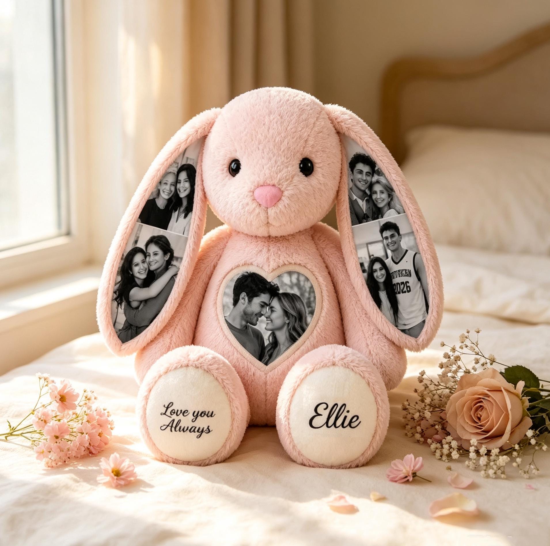 Personalized Photo Bunny Plush  Custom Hidden Ear Stuffed Animal Memory Keepsake Rabbit Gift for Couples Bestie