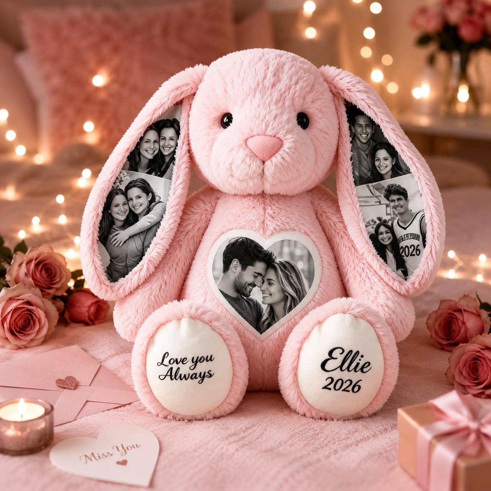Personalized Photo Bunny Plush  Custom Hidden Ear Stuffed Animal Memory Keepsake Rabbit Gift for Couples Bestie