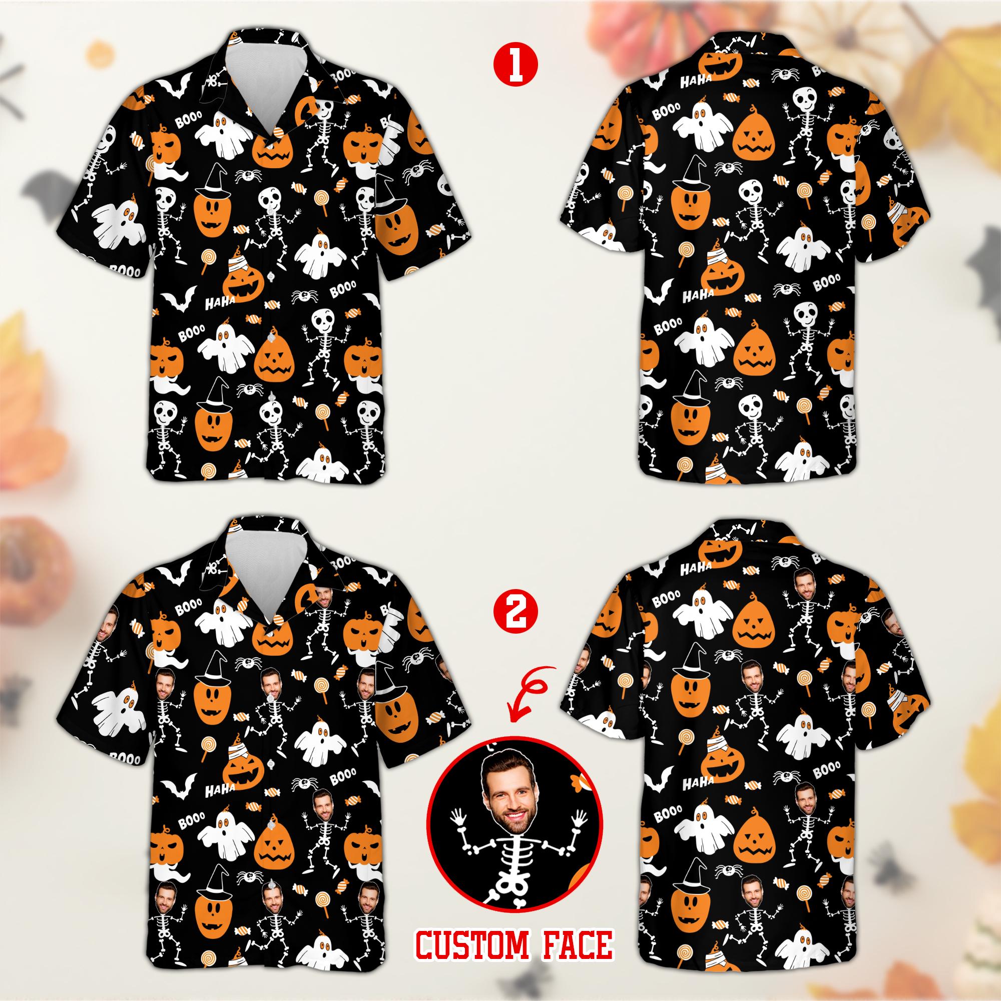 Personalized Face Halloween Hawaiian Shirt, Personalized Skeleton Shirt with Photo, Spooky Ghost Pumpkin Bat Button Down, Funny Halloween Gift