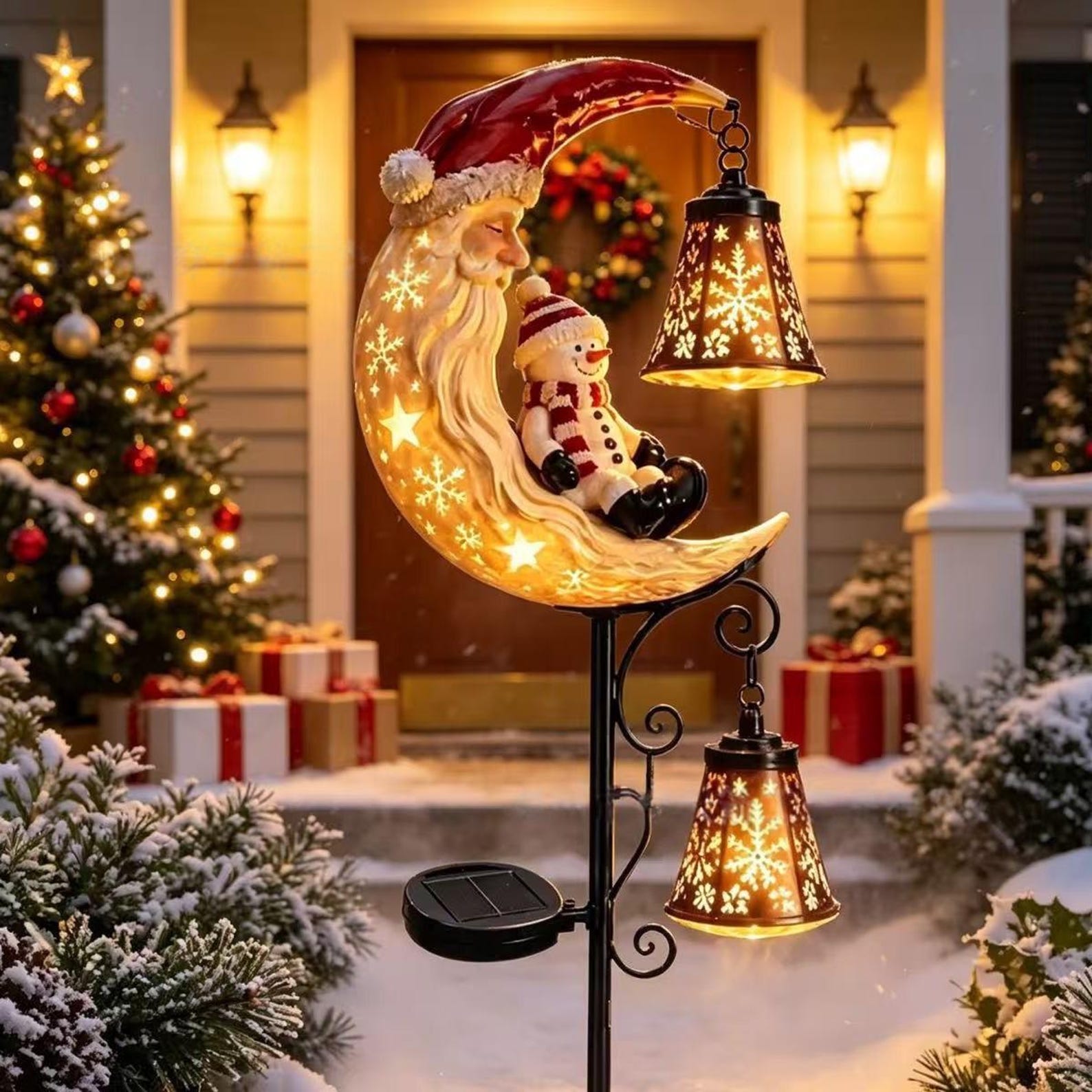 Santa Moon Solar Christmas Garden Stake Light Snowman Hanging Lantern Lamp Warm Outdoor Yard Lawn Holiday Decor Christmas Gardener Gift