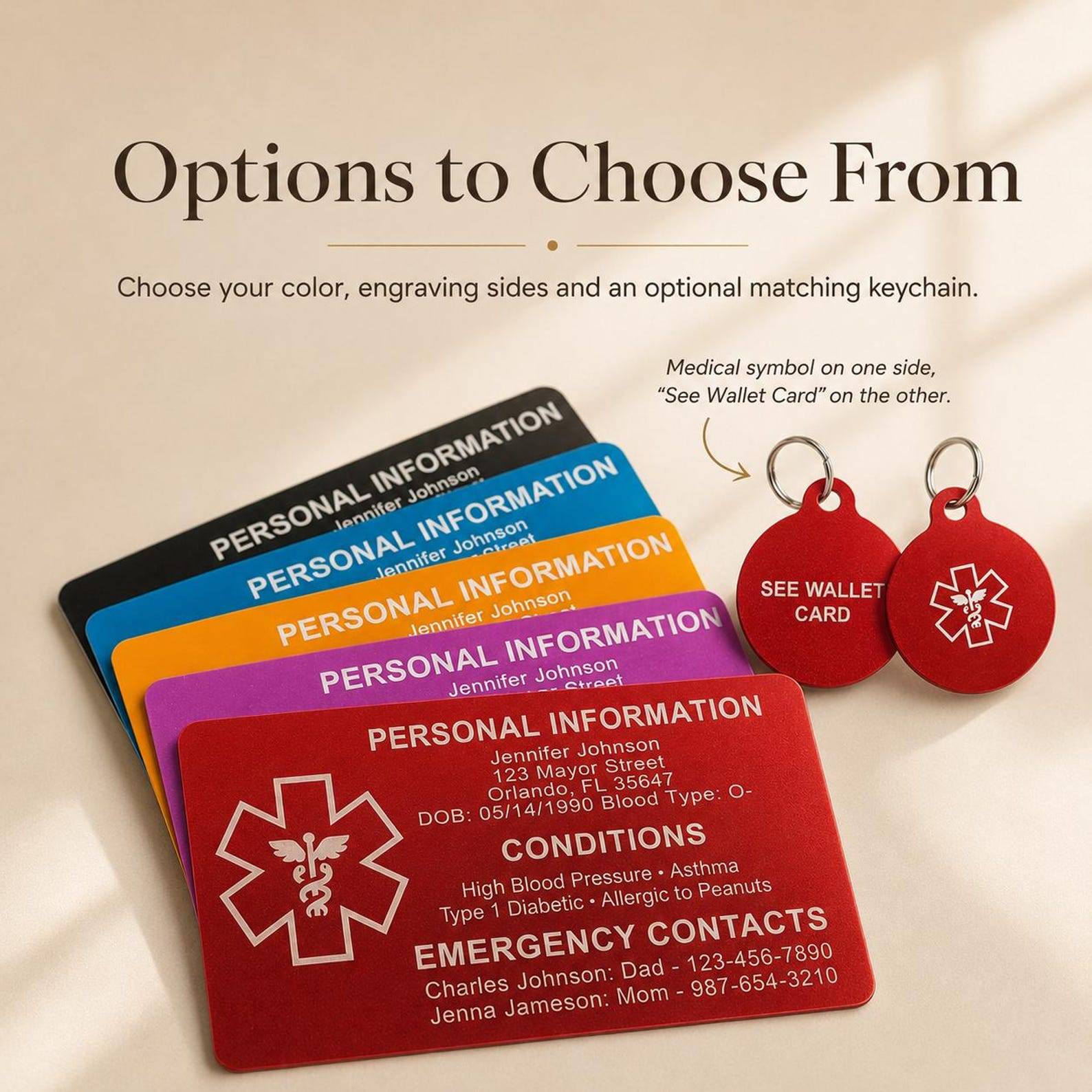 Personalized Medical Card & Keychain ID for Wallet, Aluminum Custom Engraved Emergency Contact, Personalized Metal Safety Alert for Medic Conditions