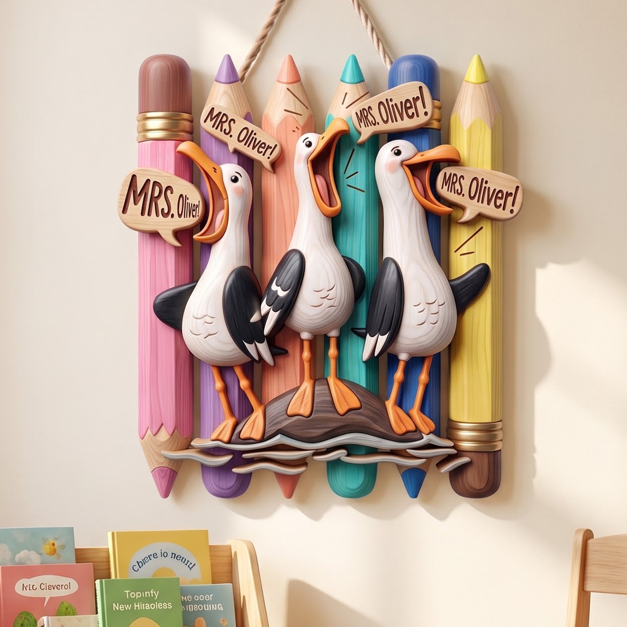 Personalized Cute Beachy Seagull Wood Sign - Personalized Gift For Teachers