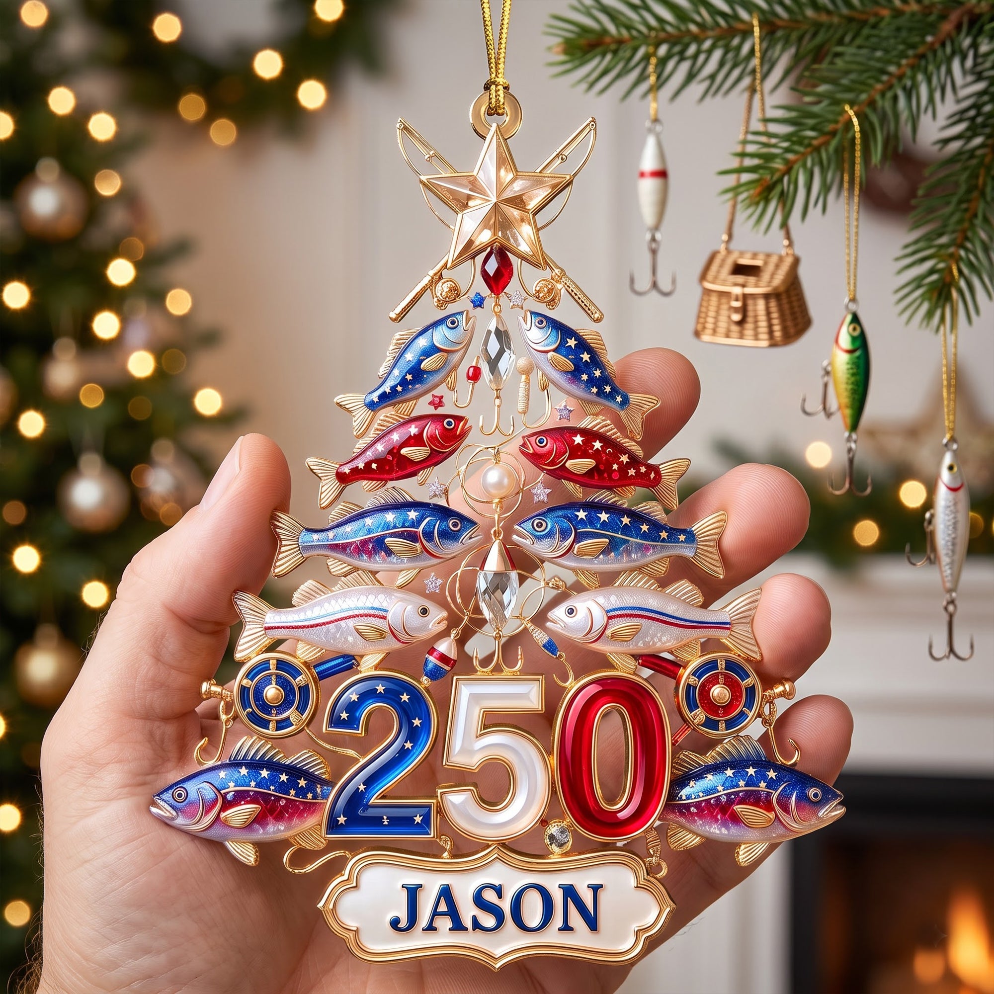 Personalized Fishing 250th USA Anniversary Ornament - Personalized Gifts For Christmas