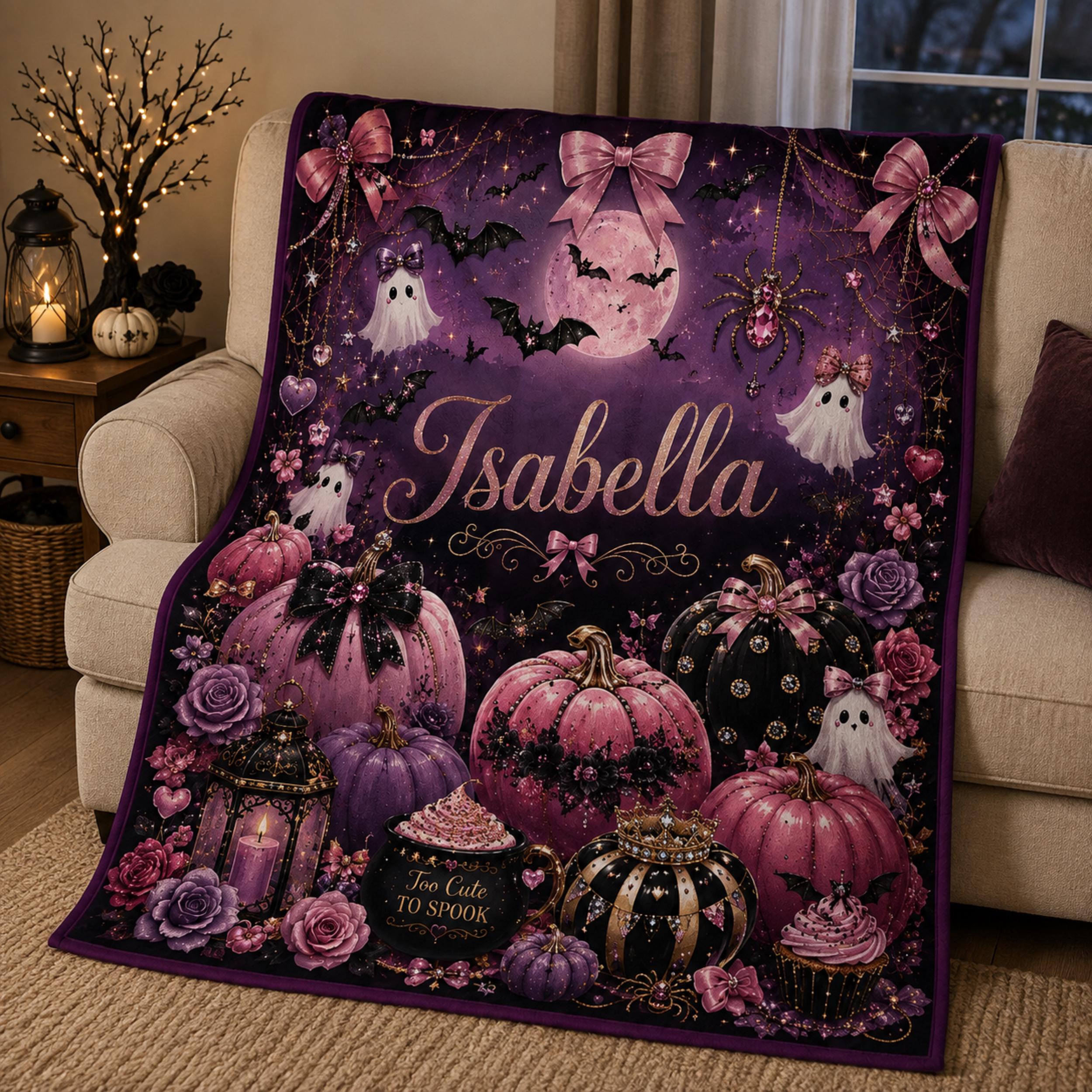 Personalized Halloween Blanket, Personalized Pink Custom Name Plush Throw, Girly Spooky Blanket, Cute Ghost Pumpkin Halloween Gift
