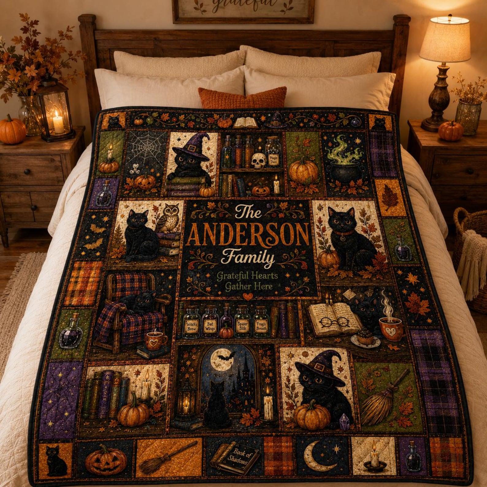 Personalized Halloween Quilt Blanket, Custom Family Name Black Cat Witch Throw, Pumpkin Gothic Patchwork, Spooky Autumn Gift