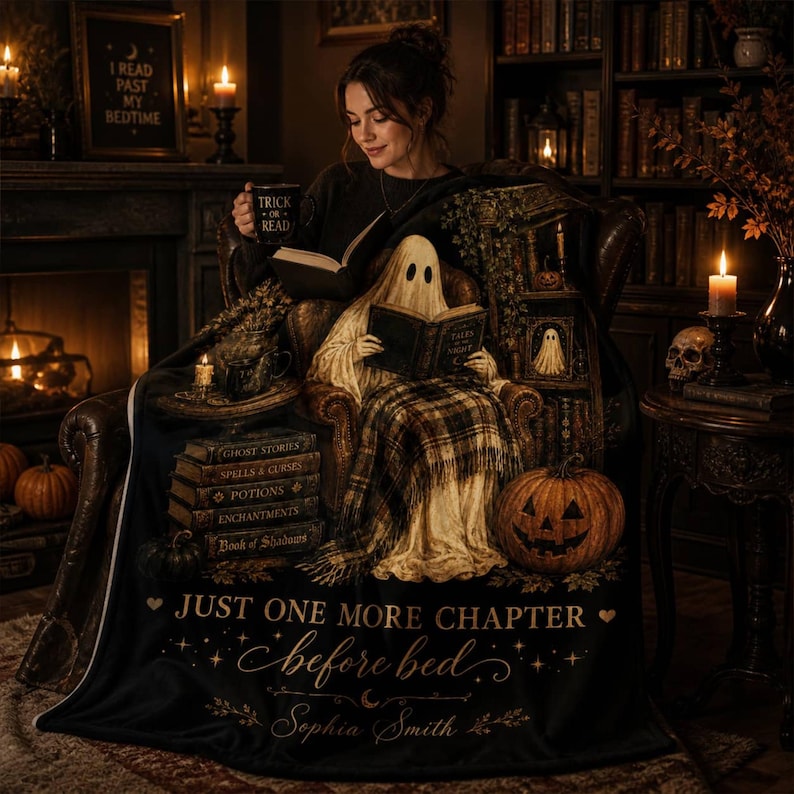Personalized Ghost Book Lover Fleece Blanket: Custom Gothic Halloween Throw