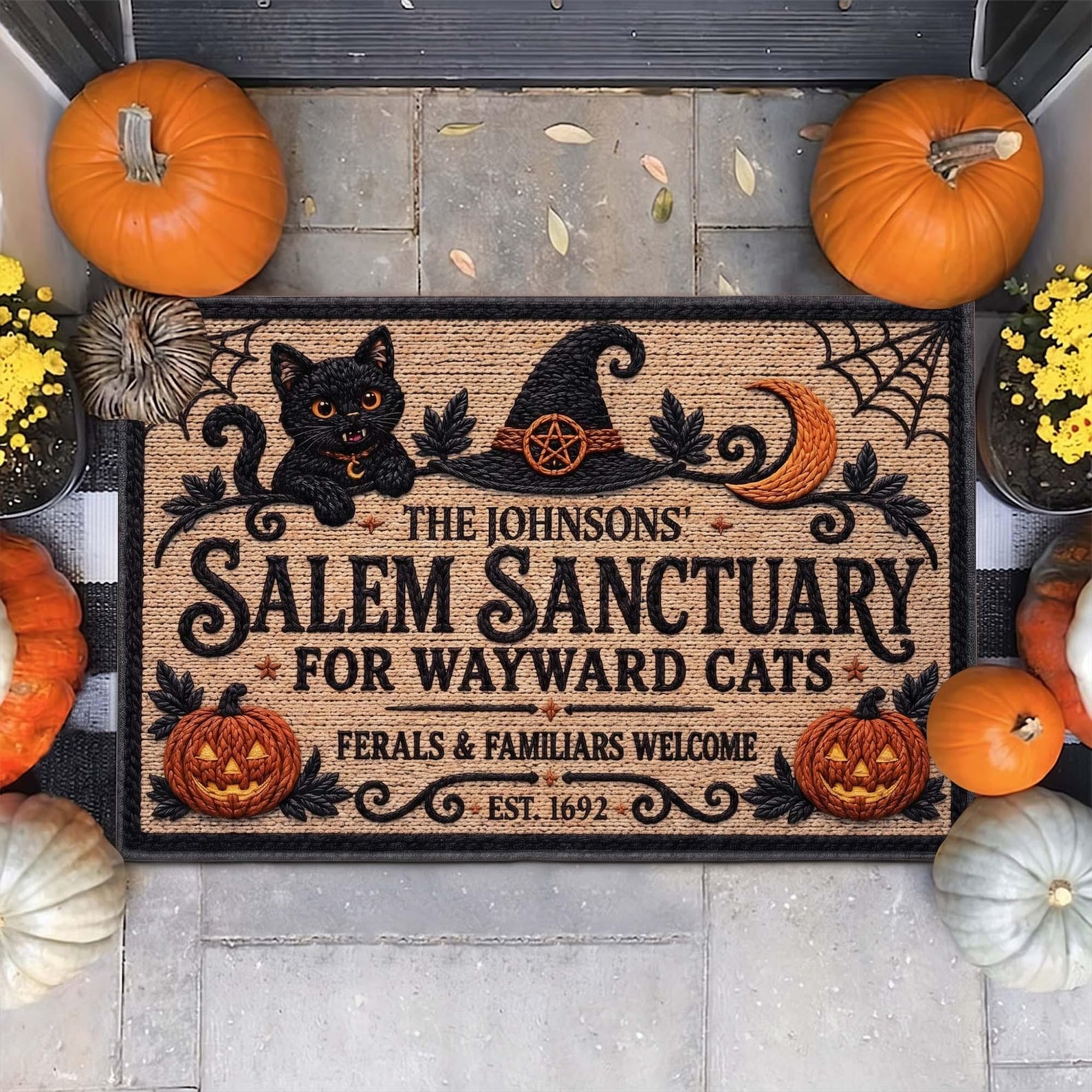 Personalized Witch Cat Welcome Mat, Salem Sanctuary Personalized Halloween Doormat, Custom Family Name Wayward Cats Sign, Cat Lover Porch Fall Decor
