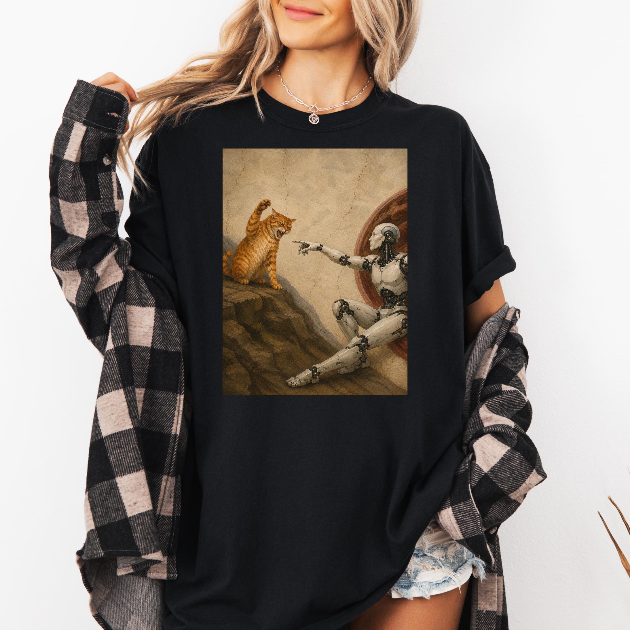 Funny Anti AI Cat TShirt Cat Famous Painting Meme Tee Cat Lover Shirt Gen Z Joke Shirt Stupid Brainrot Gift Conspiracy Theory Gen Z Fashion