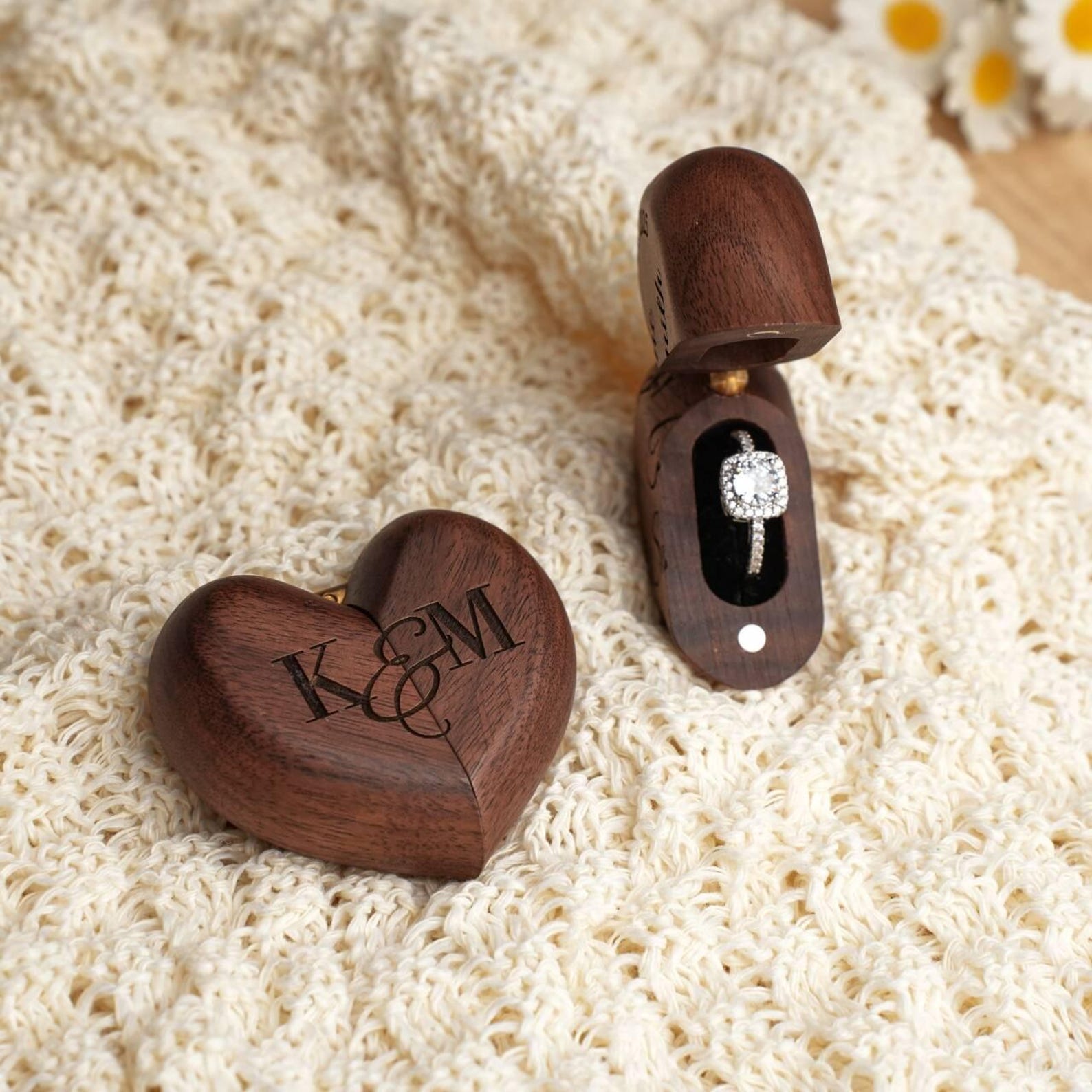 Personalized Custom Heart Shaped Wooden Ring Box, Personalized Walnut Ring Holder, Engagement & Wedding Ring Box, Anniversary Gift
