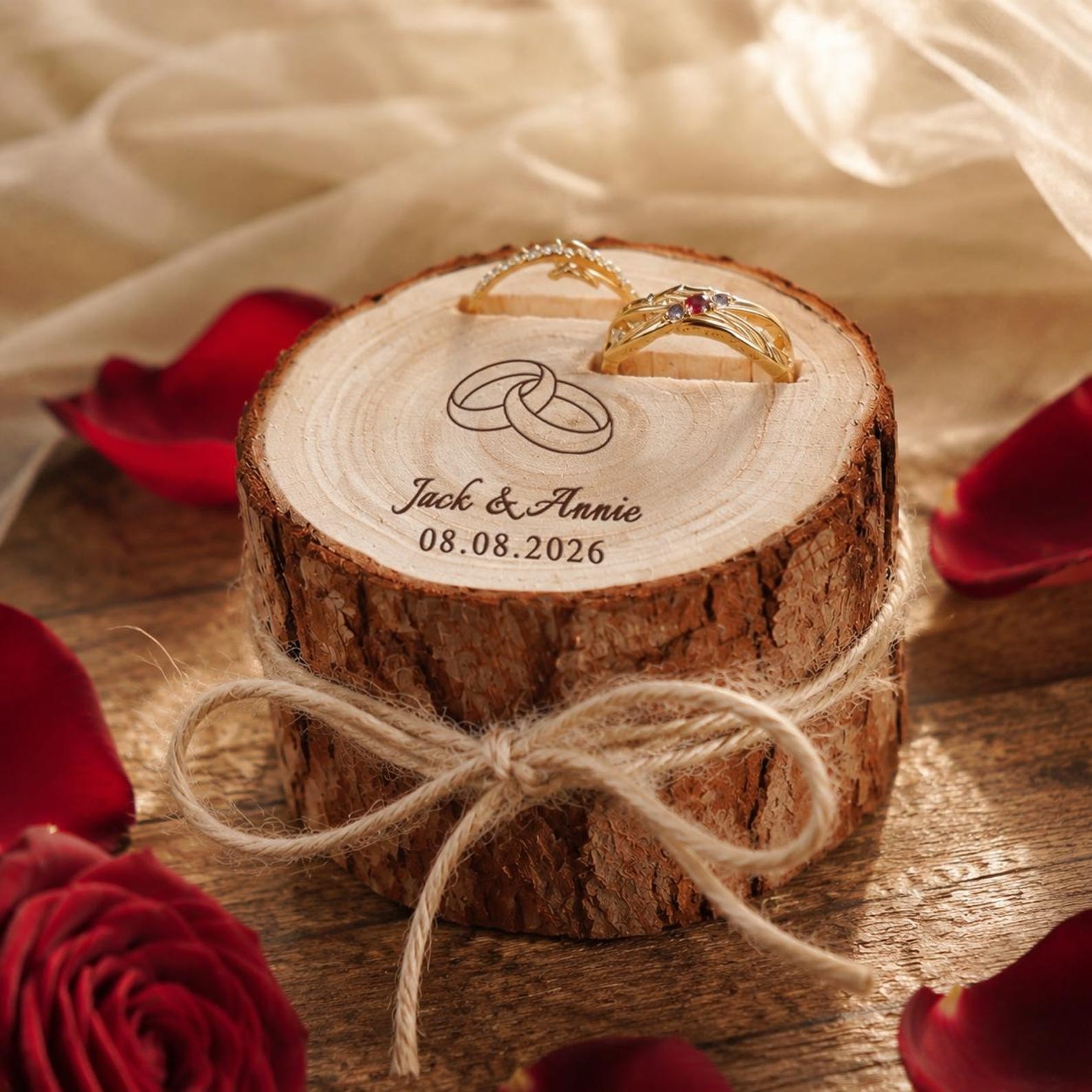 Personalised Tree Stump Ring Box, Rustic Wedding Engagement Holder, Personalized Wooden Proposal Box,Golden Silver Wedding Anniversary Tree Trunk