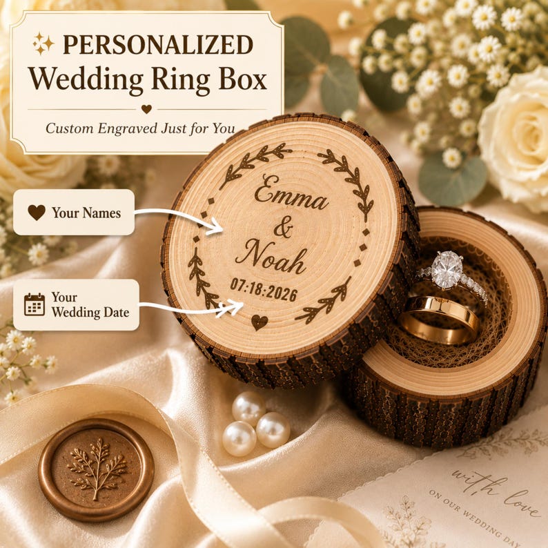 [Copy]Personalised Tree Stump Ring Box, Rustic Wedding Engagement Holder, Personalized Wooden Proposal Box,Golden Silver Wedding Anniversary Tree Trunk