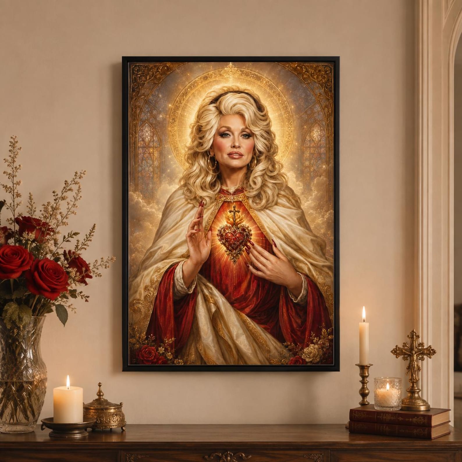 Personalized Dolly  Photo Framed Parton Saint Icon Canvas | Sacred Heart Wall Art | Country Music Legend Decor | Holy Mother Aesthetic Print | Ready to Hang