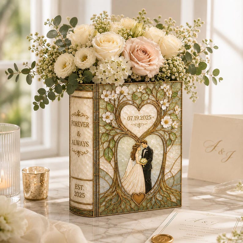 Personalized Floral Book Shaped Vase Personalized Couple Initials Vase Wedding Centerpiece Gift, Anniversary Keepsake Decor