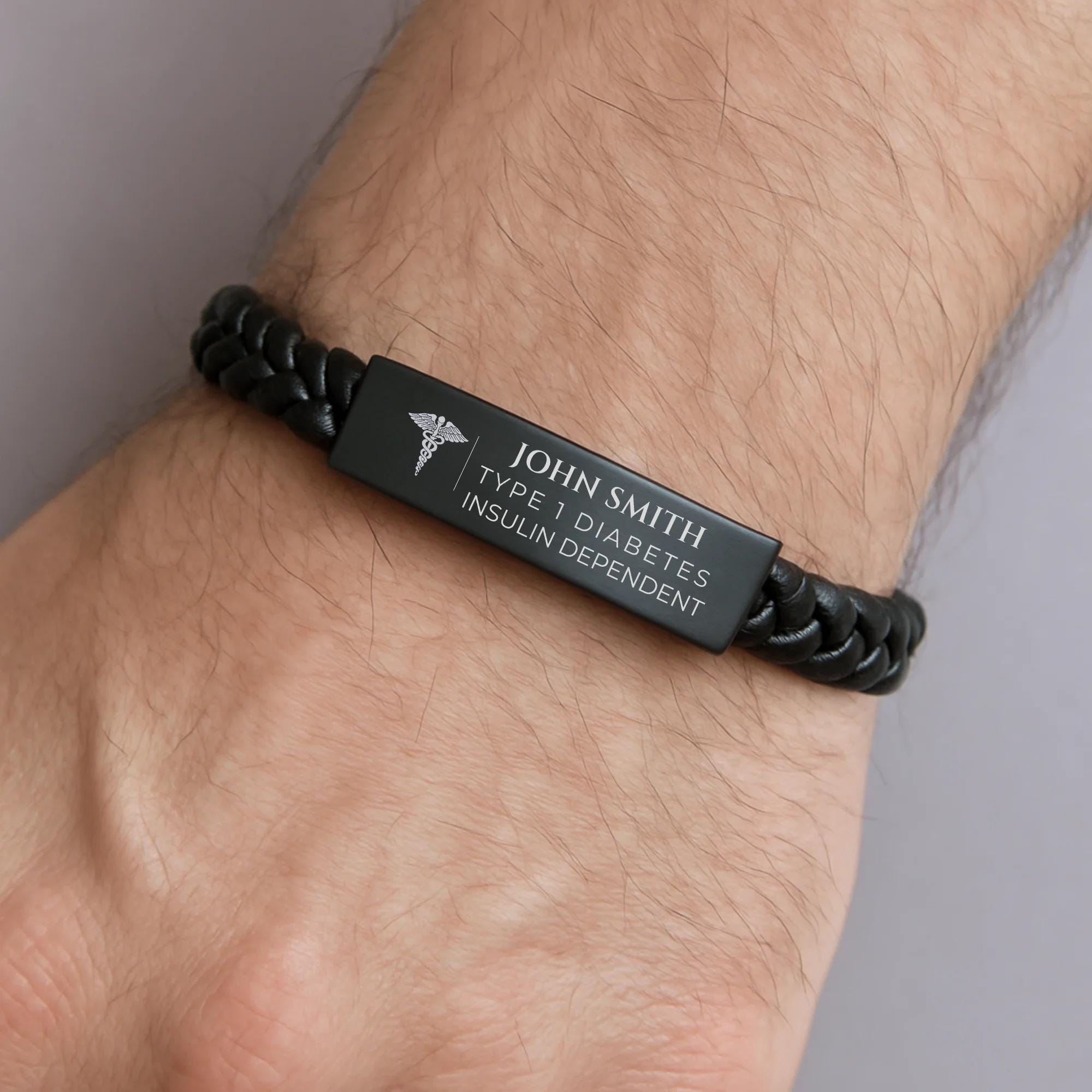 Personalized Type 1 Diabetes Medical ID Bracelet Alert for Men, Custom Engraved Leather ICE ID Tag, Diabetic Emergency Safety Wristband, Gift for Him