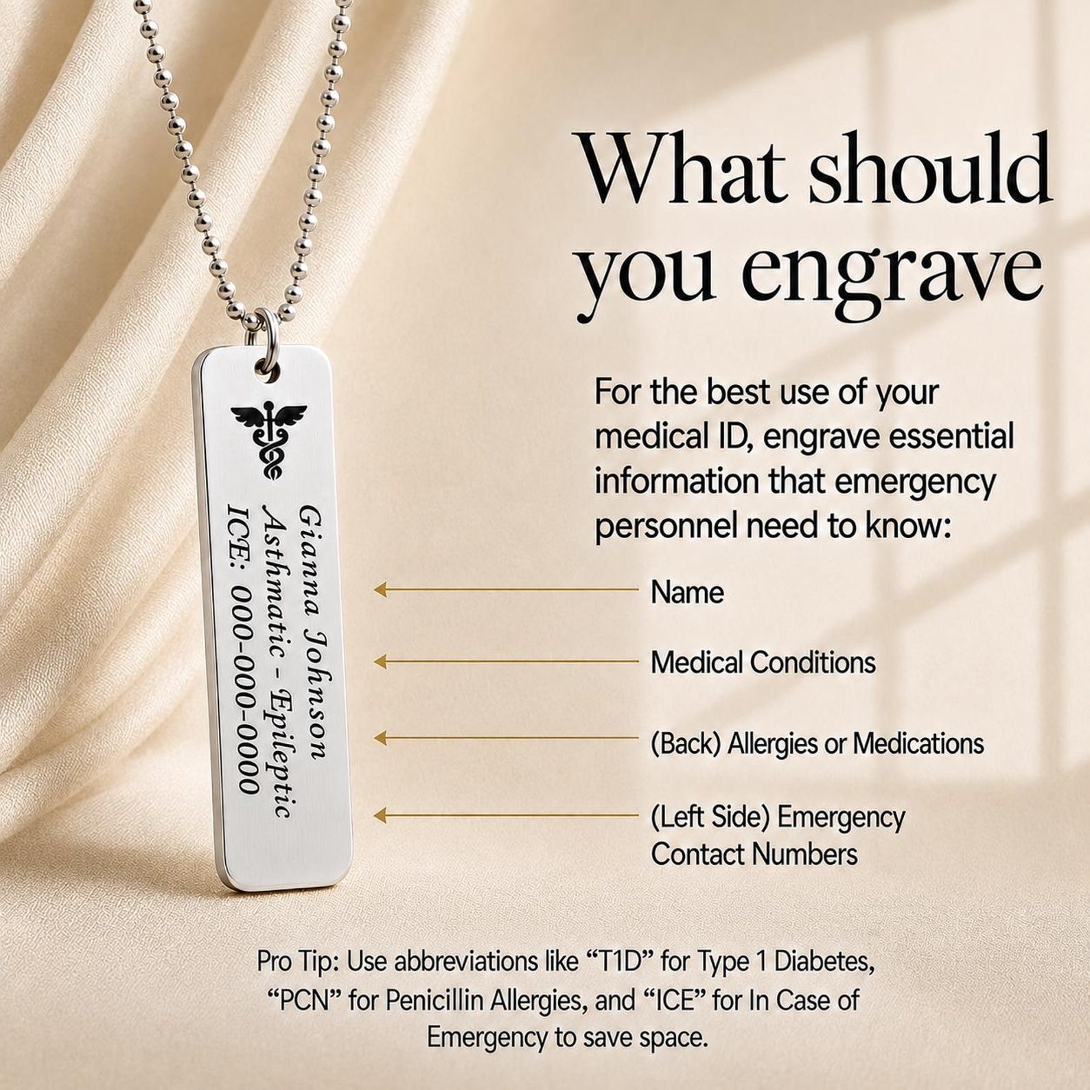 Personalized Type 1 Diabetes Medical ID Bar Necklace, Stainless Steel Engraved Alert Jewelry