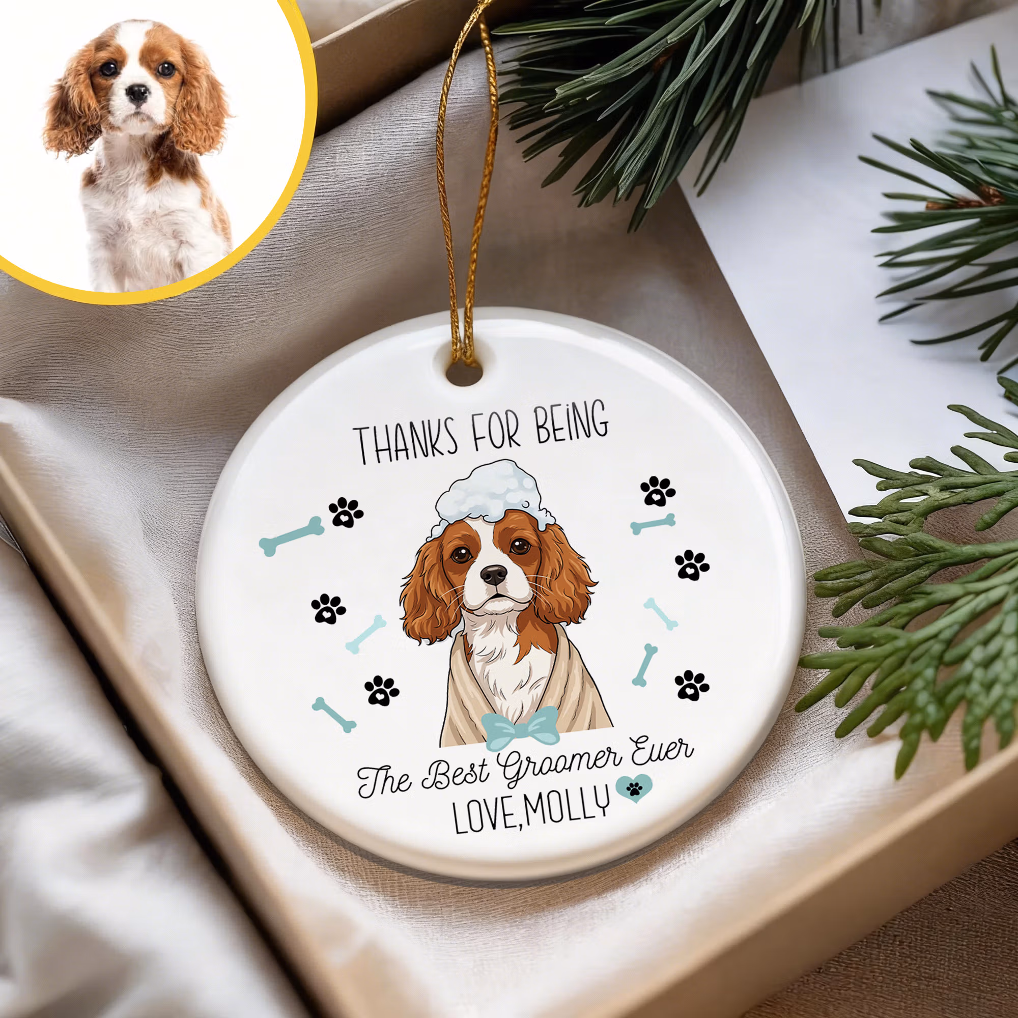 Personalized Dog Bone Paw Cartoon Pet Photo Round Ceramic Ornament with Name Birthday Home Decor Gift for Pet Groomer