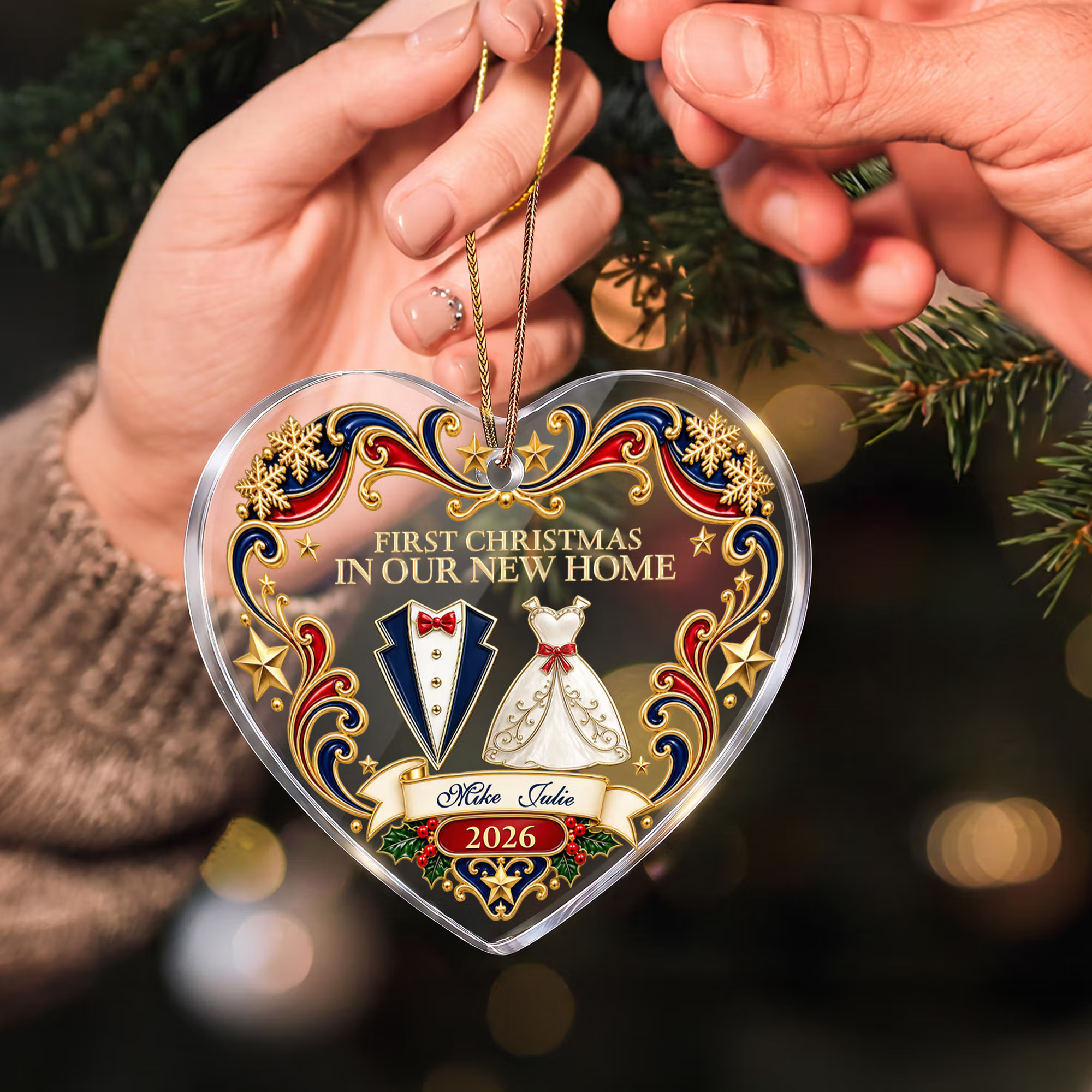 Personalized First Christmas Wedding Gown Suit Design Heart-Shaped Ornament with Name and Year Tree Decor Christmas Gift for Newlyweds Couple