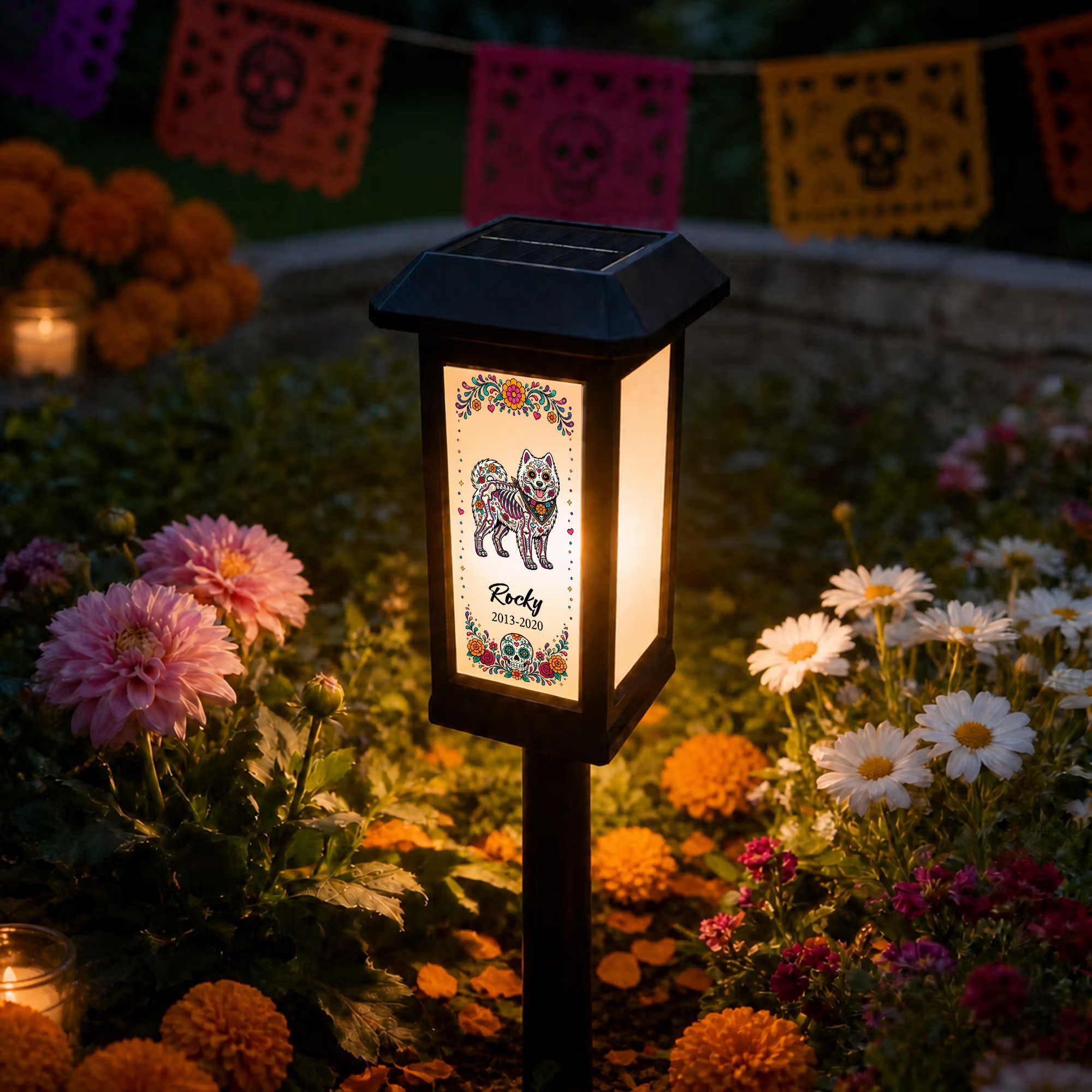 Personalized Day of the Dead Flower Sugar Skull Pet Photo Solar Garden Light with Name Garden Use Memorial Day of the Dead Gift for Pet Owners Lovers