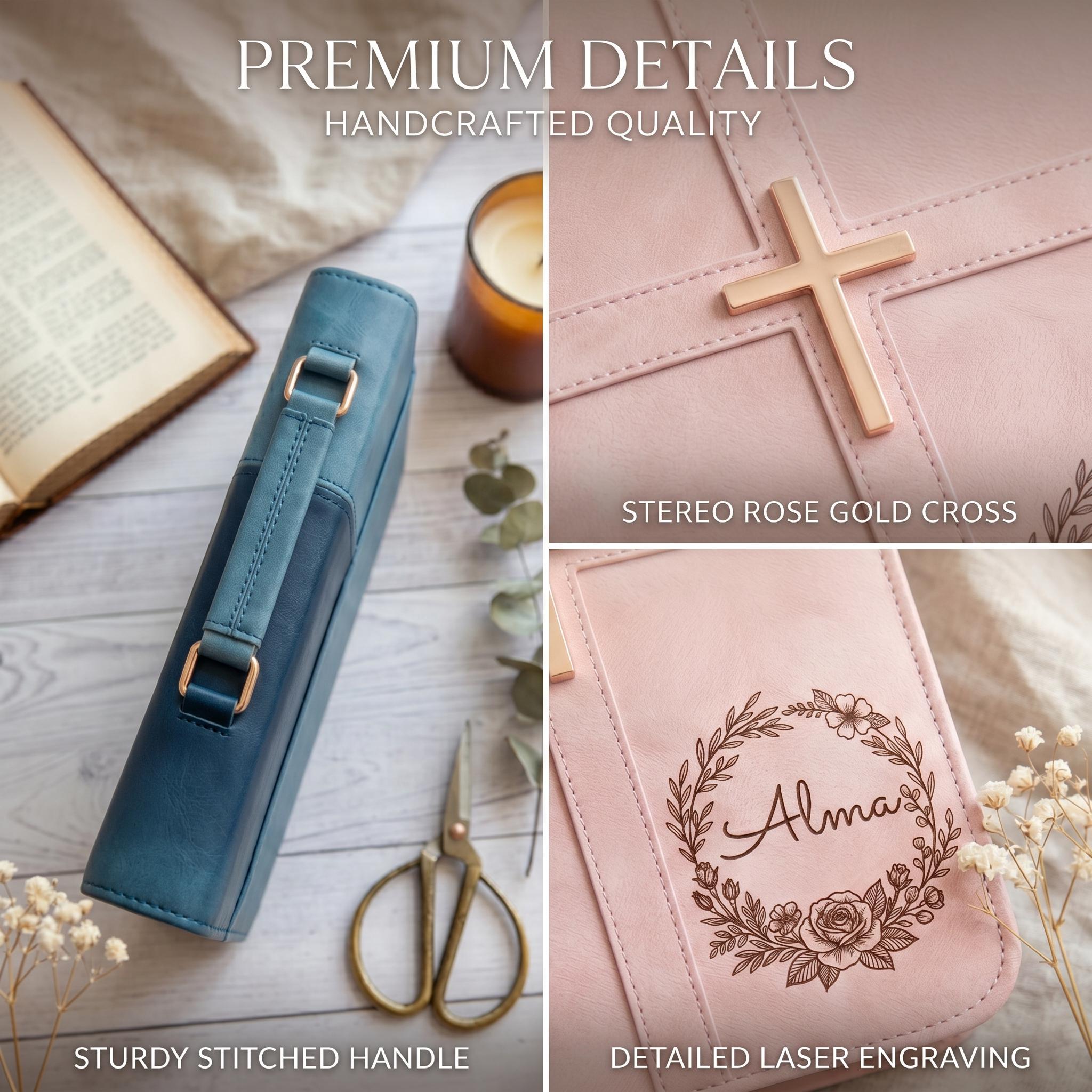 Personalized Leather Bible Cover Engraved Name Rose Gold Cross Zipper Case With Handle