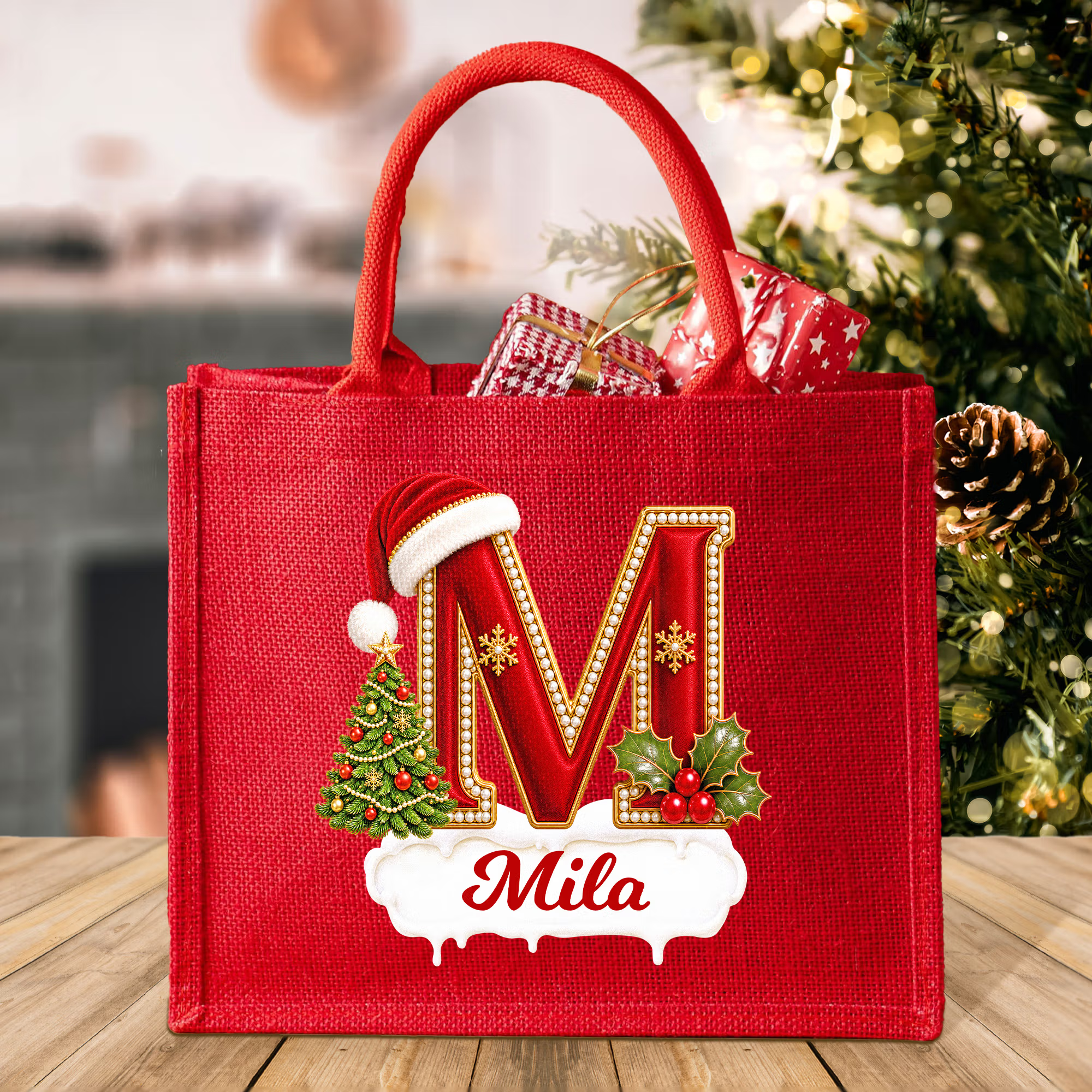 Personalized Christmas Large Capacity Red Jute Tote Bag with Name Christmas Party Gift for Neighbors Christmas Stockings Bag 