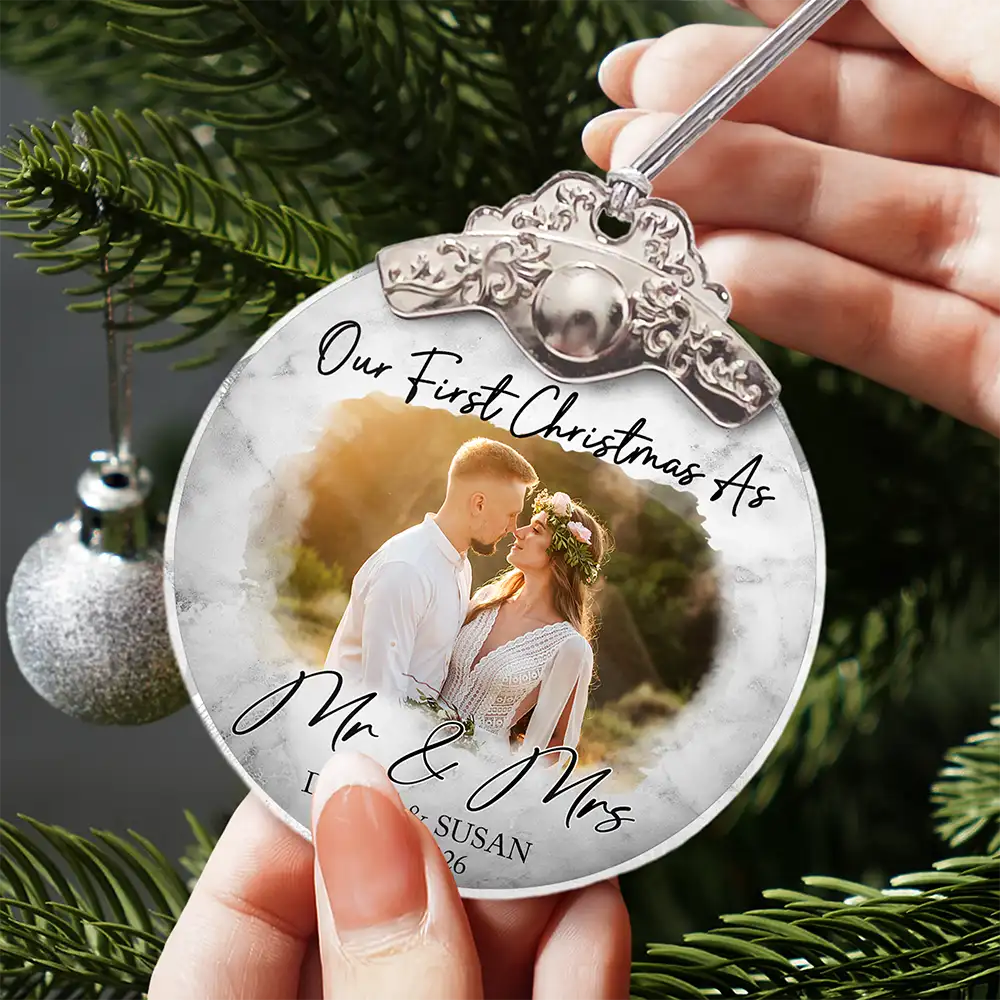 Personalized Photo First Christmas As Mr & Mrs Couples - Personalized Glass Ornament With Silver Cap