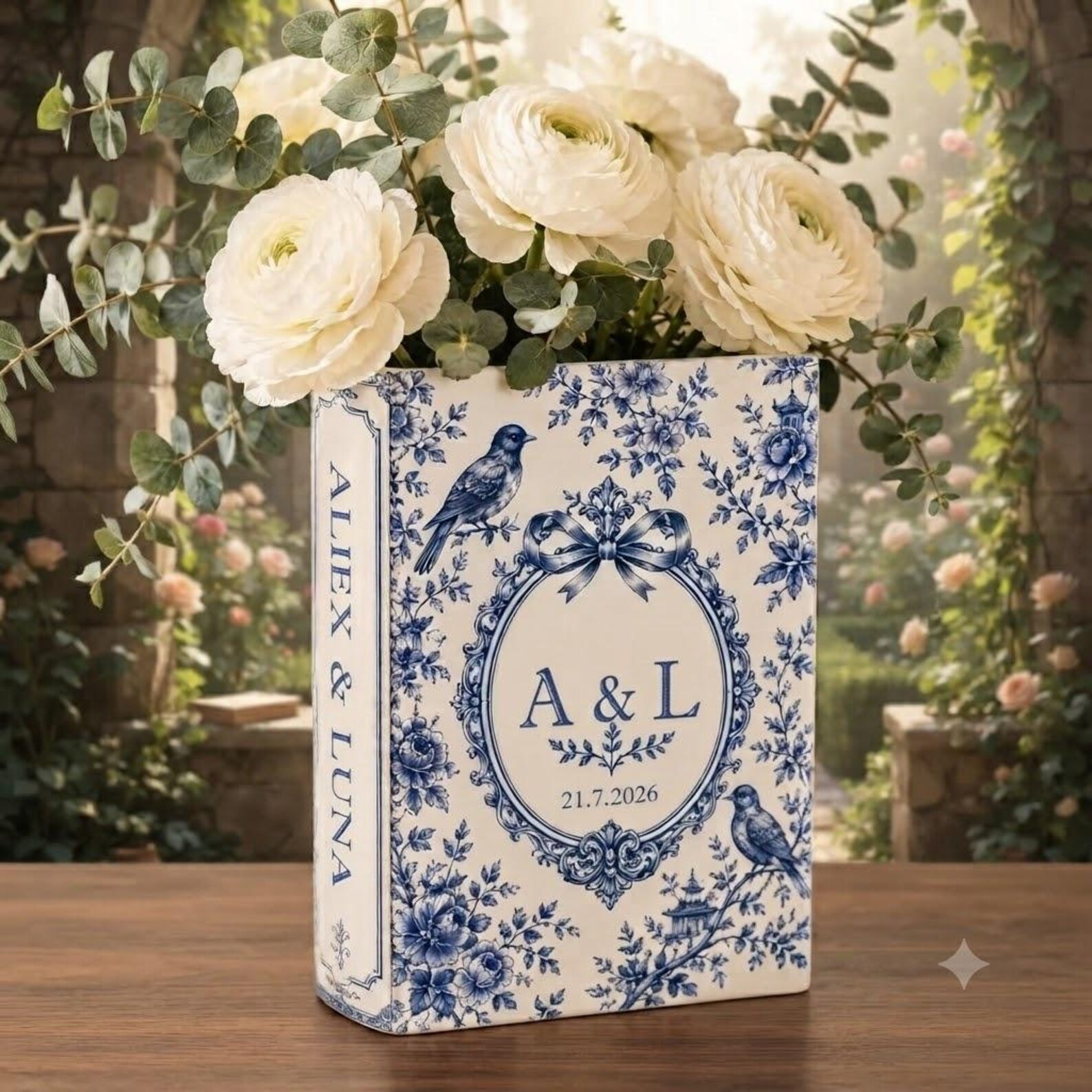 Personalized Floral Book Shaped Vase Personalized Couple Initials Vase Wedding Centerpiece Gift, Anniversary Keepsake Decor