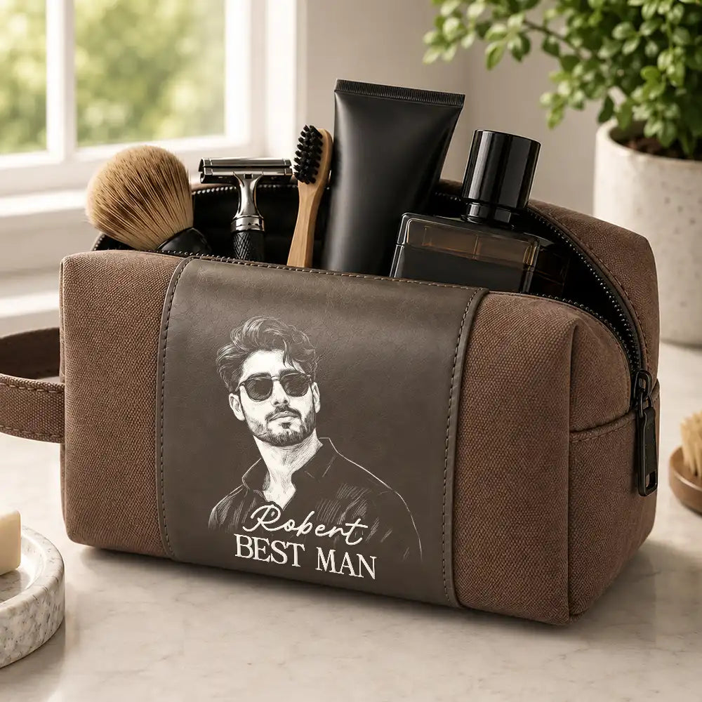 Personalized Photo White Pencil Sketch Groomsmen Wedding, Bachelor Travel Favor - Personalized Leather Canvas Toiletry Bag