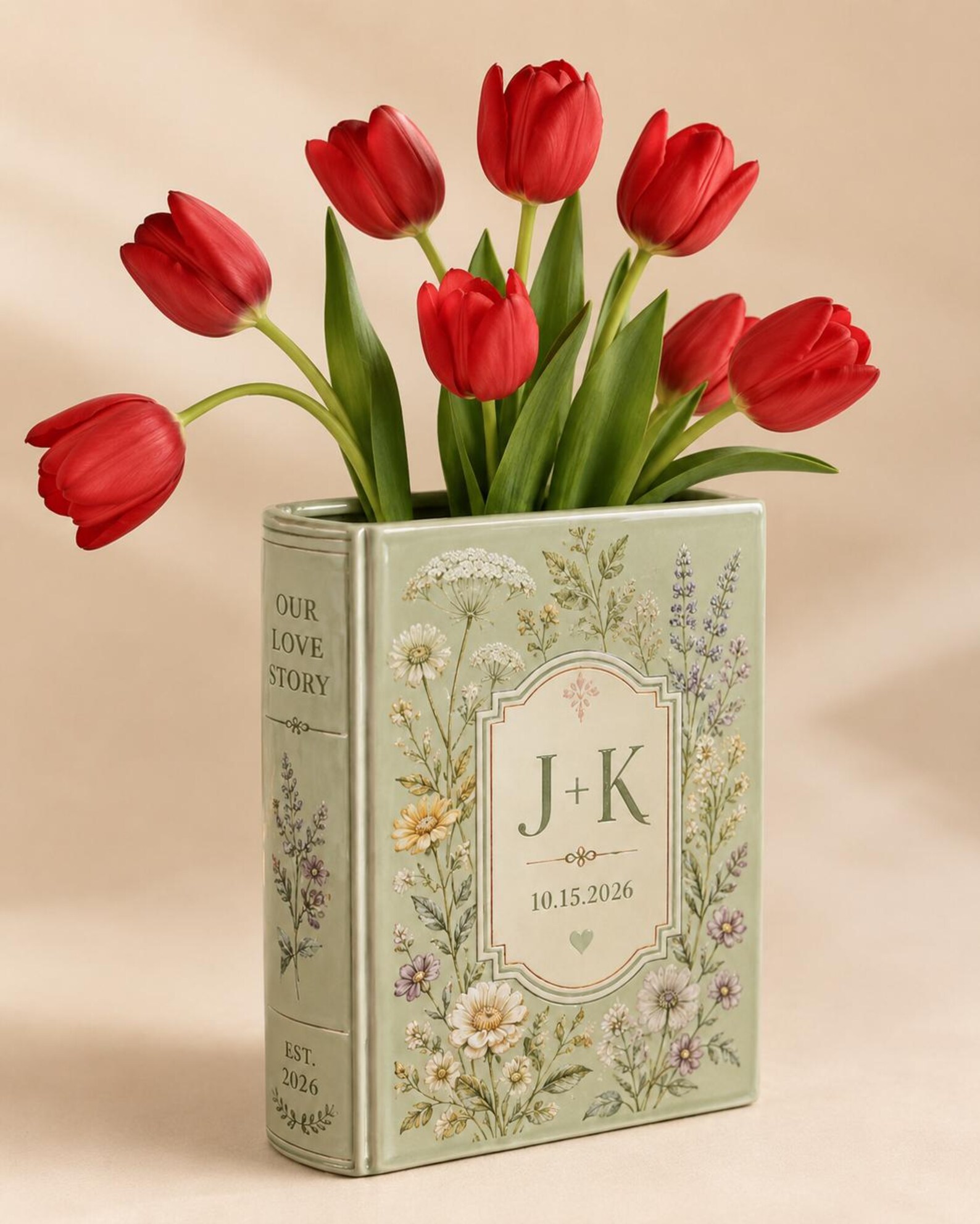 Personalized Floral Book Shaped Vase Personalized Couple Initials Vase Wedding Centerpiece Gift, Anniversary Keepsake Decor