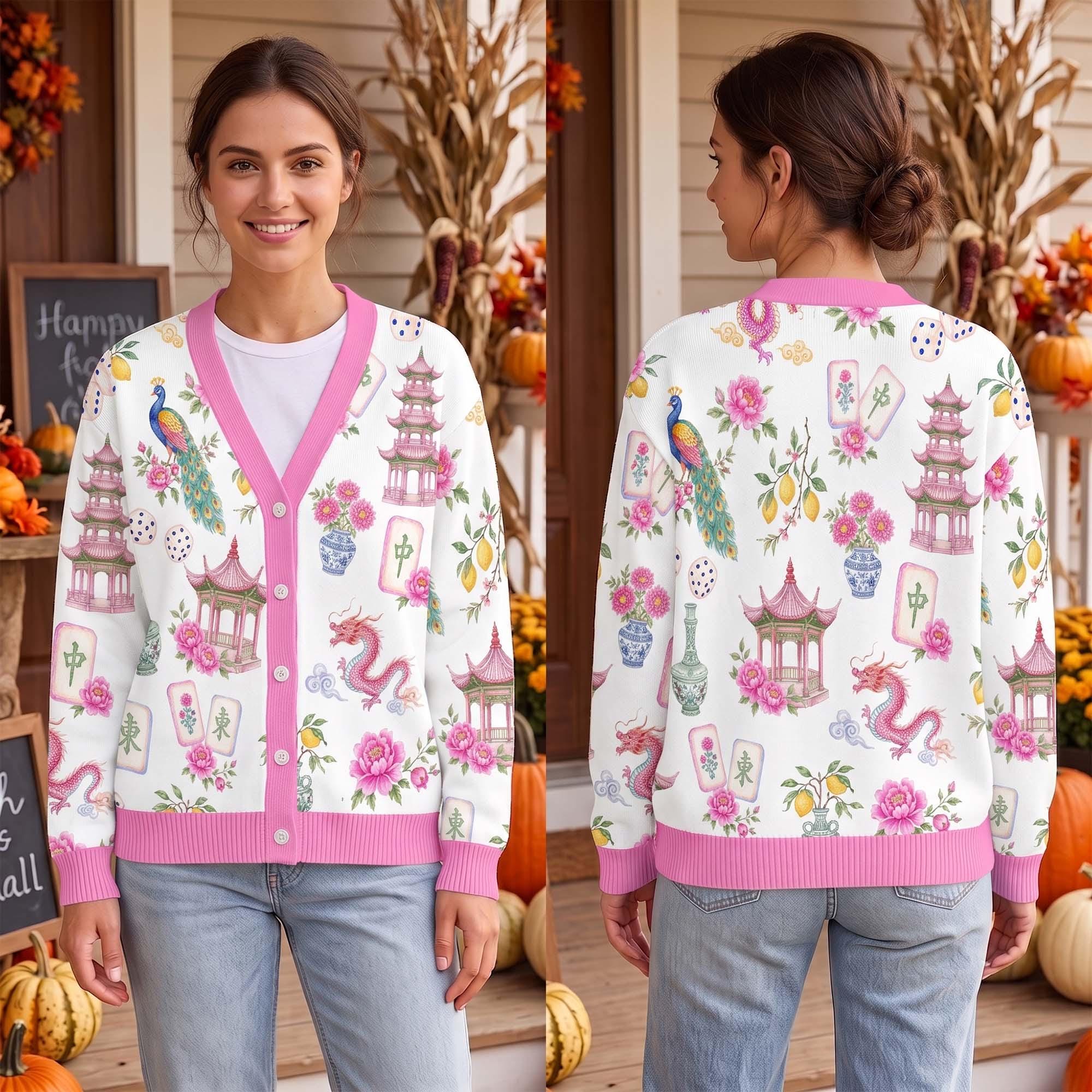 Mahjong Cardigan Sweater, Chinoiserie Floral Tile Print Knitwear, Retro Asian Aesthetic Outfit, Women Game Night Mahjong Lover Gift