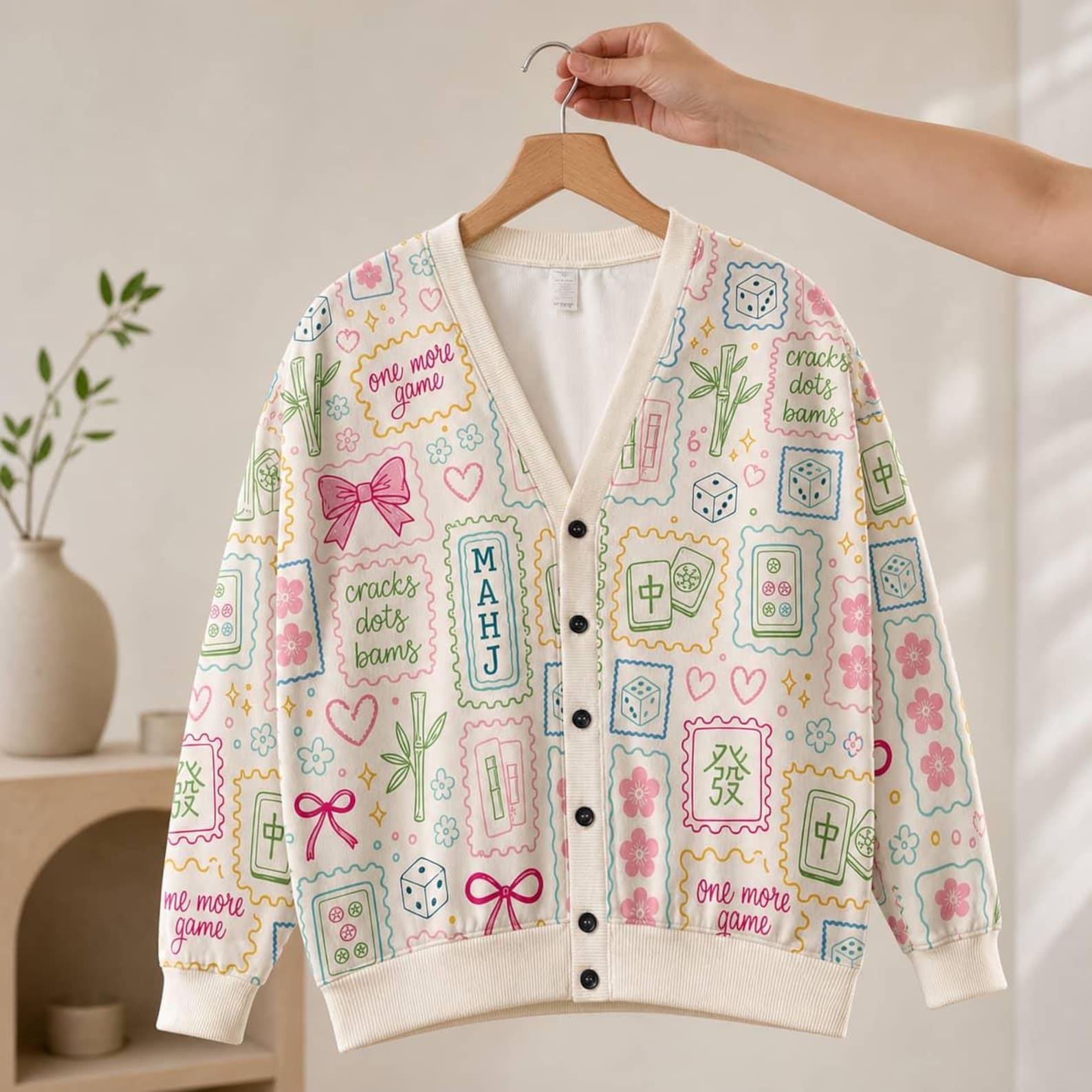 Mahjong Knit Cardigan: Pastel Preppy Mahj Tile Print V-Neck Button Up Sweater