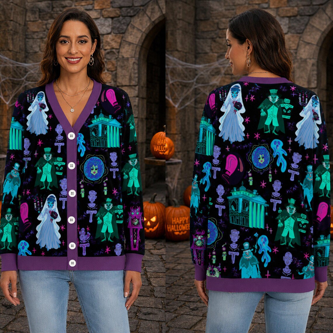 Haunted Mansion Cardigan, Foolish Mortals Spooky Sweater, Hitchhiking Ghosts Knitwear, Madame Leota Autumn Aesthetic, Halloween Outfit