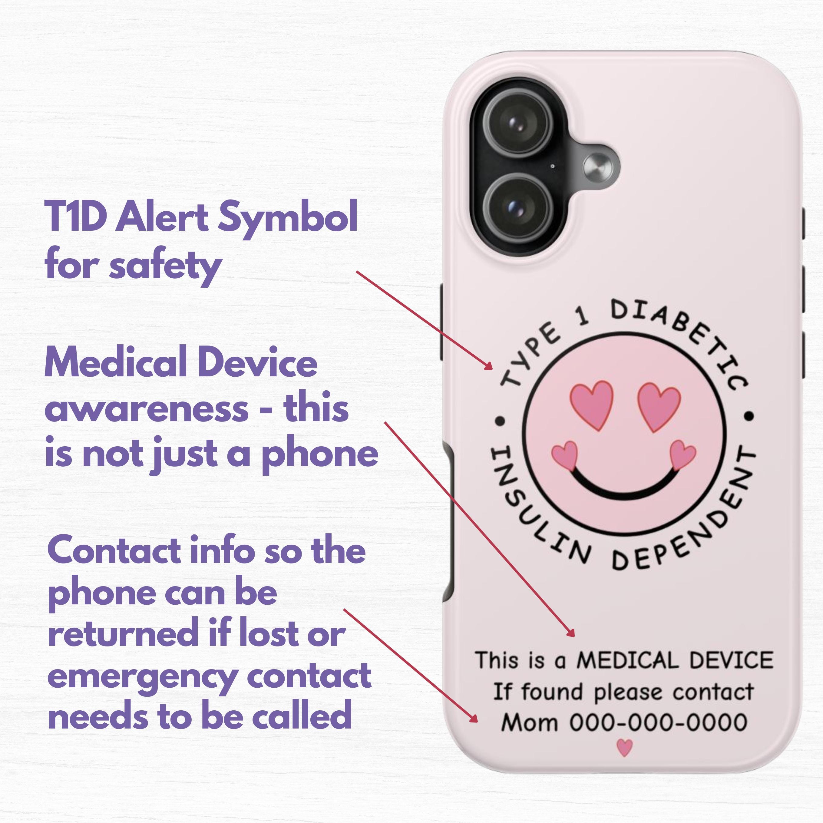 Personalized Smile Hearts Type 1 Diabetic Phone Case, Insulin Dependent Medical Alert, Medical Device
