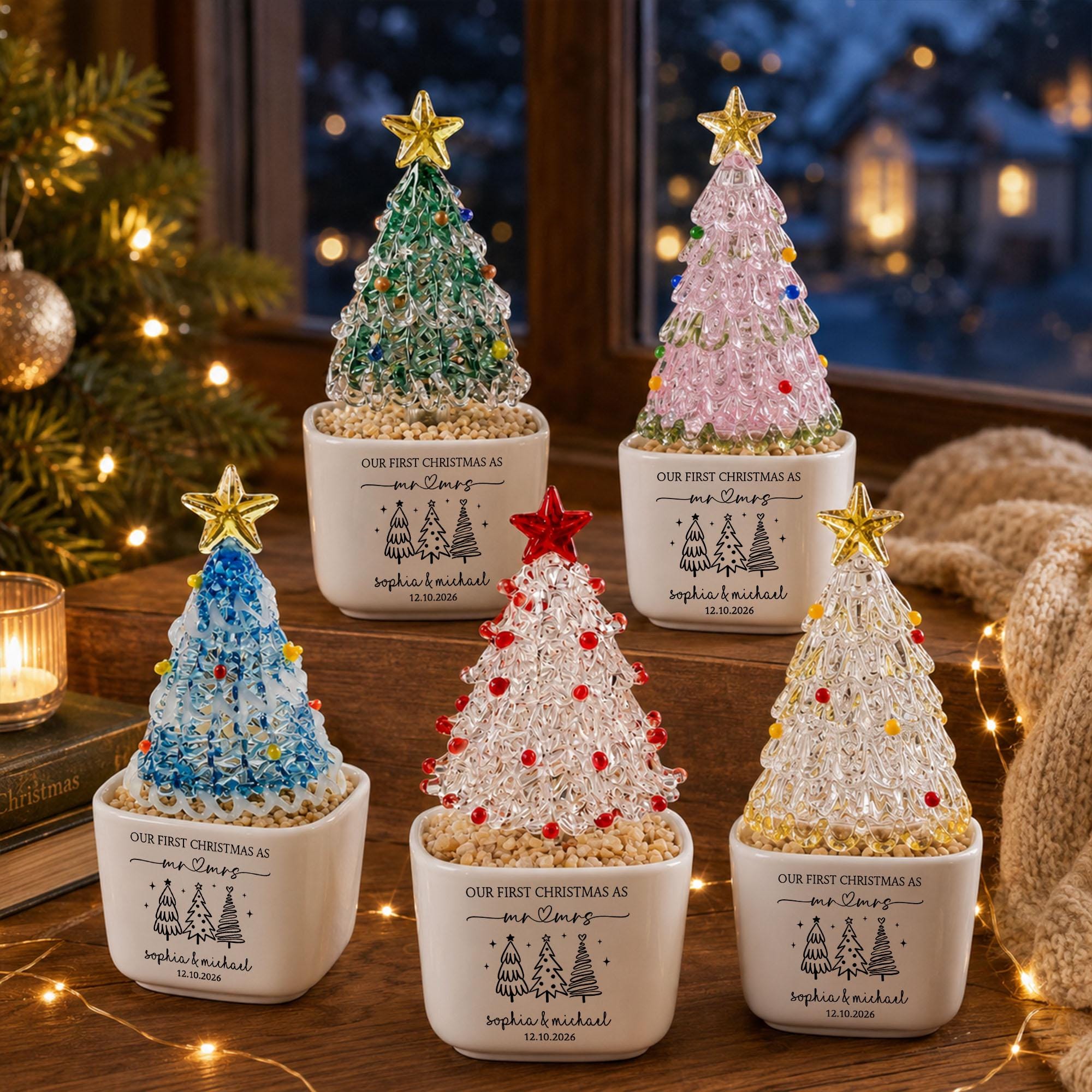 Personalized Mr Mrs Glass Christmas Tree Pot, Wedding Gift, Personalized First Christmas Keepsake, Our 1st Christmas Mr & Mrs Planter,Housewarming Gift