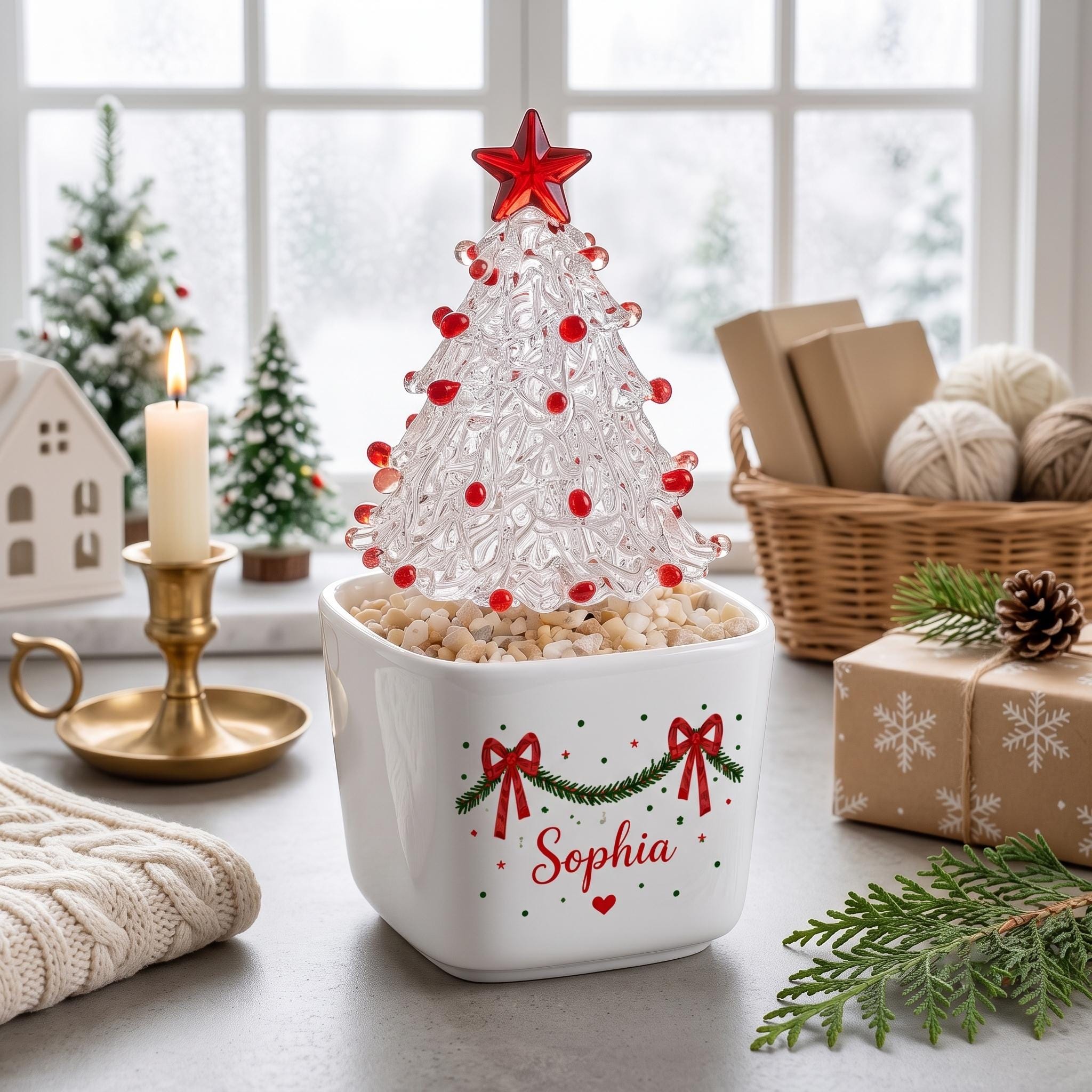 Personalized Glass Christmas Tree in Ceramic Pot, Custom Name Holiday Table Decor, Cute Mini Tree Figurine, Christmas 2026 Gift