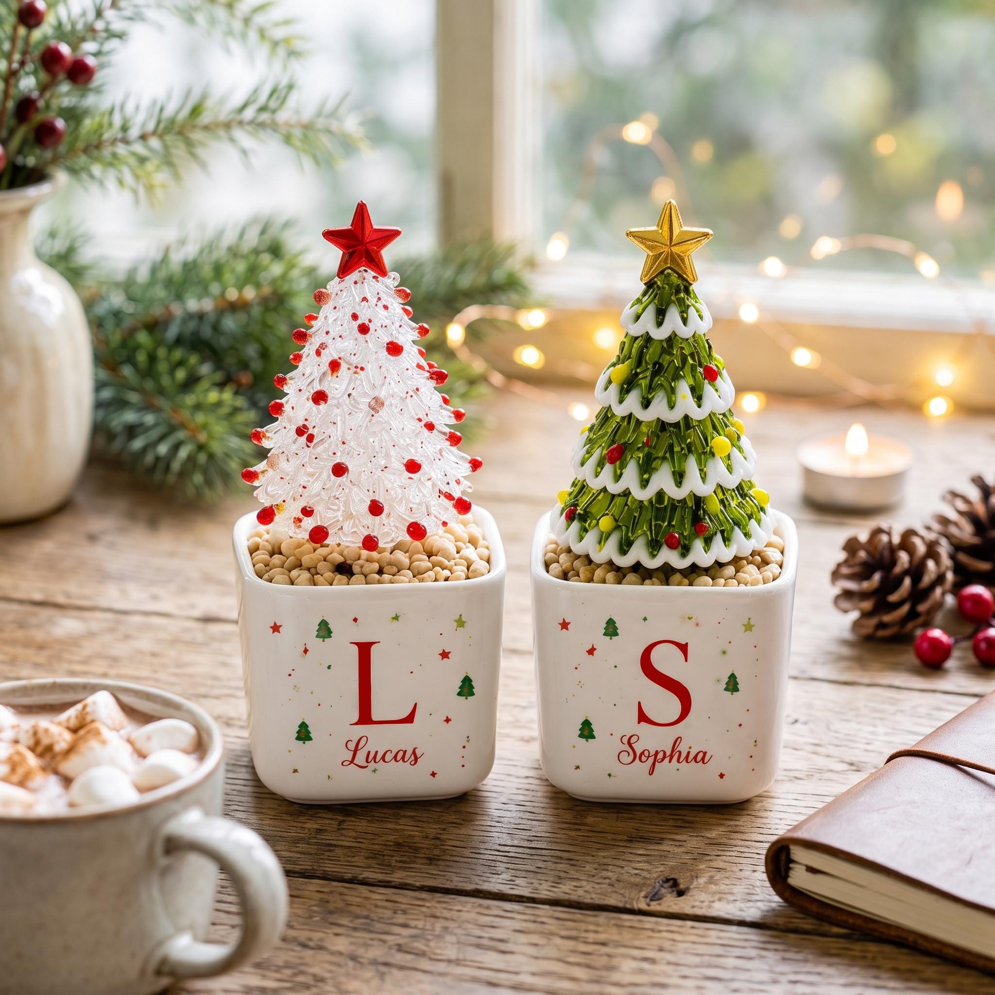 Personalized Glass Christmas Tree, Custom Name Mini Holiday Decor, Christmas Keepsake, Secret Santa Teacher Coworker Gift