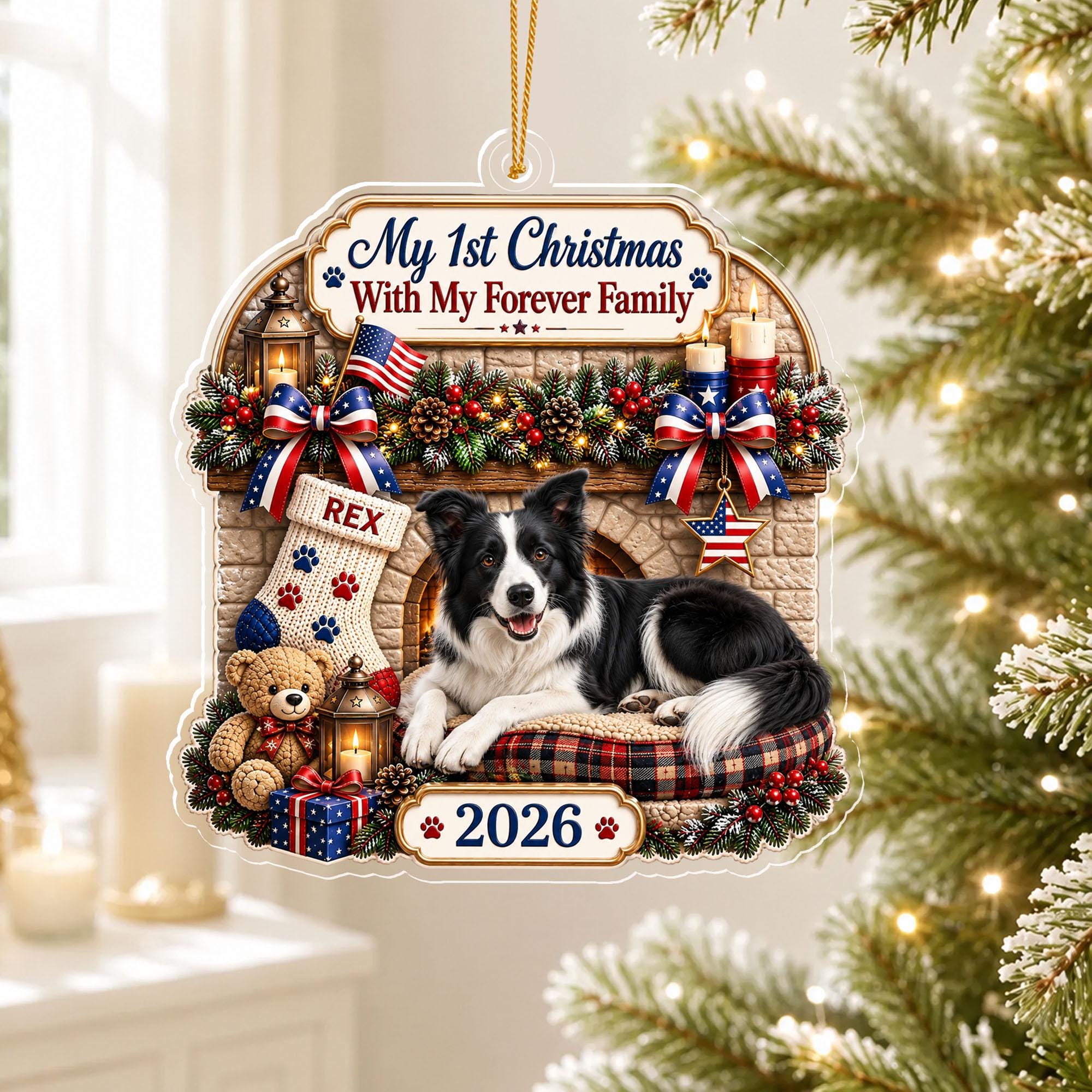 Personalized Pet Photo Ornament, Dog's My First Christmas With My Forever Family, Custom Dog Adoption Gift, Rescue Pet Keepsake, 2D Flat